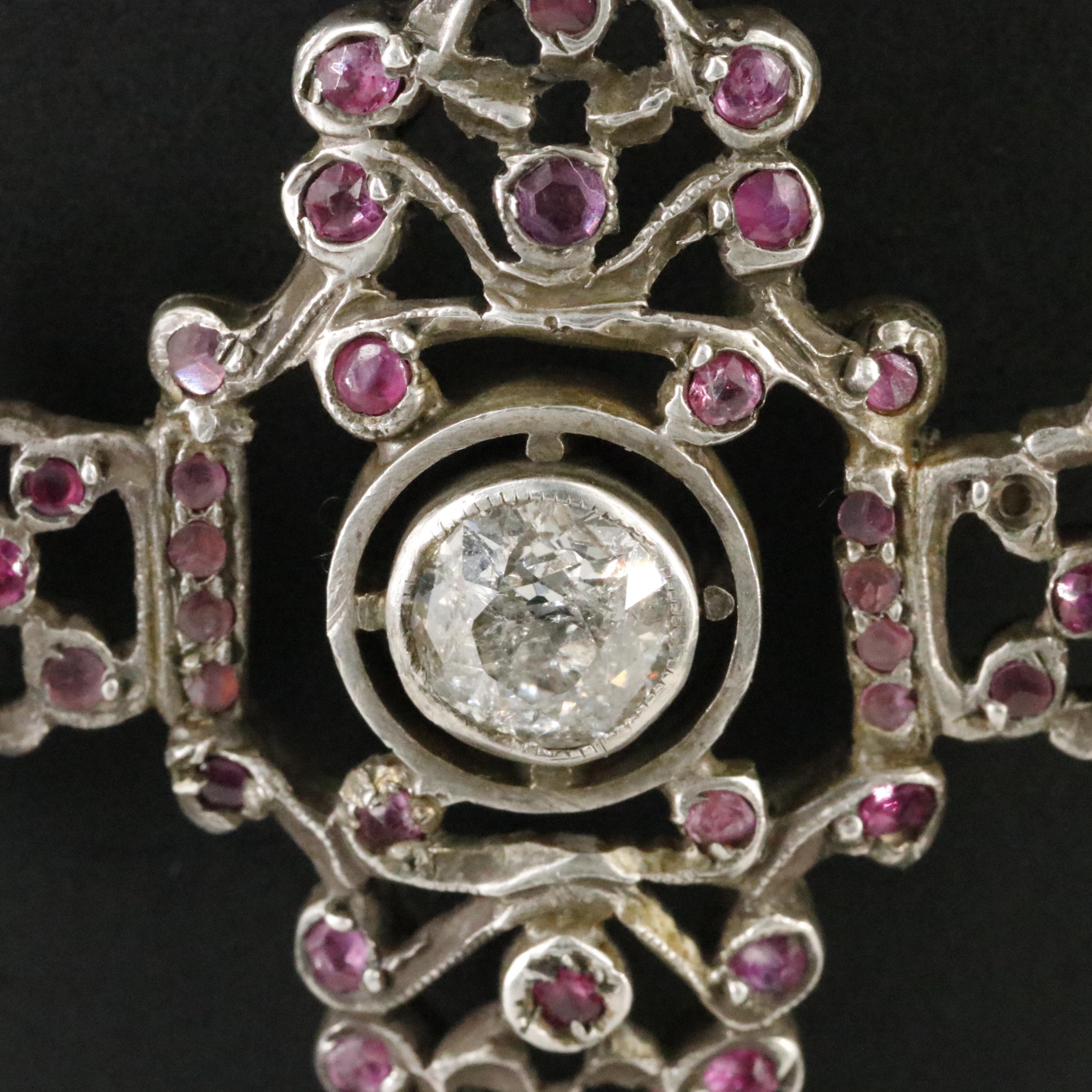 800 Silver Diamond, Ruby, and Sapphire Cross Pendant