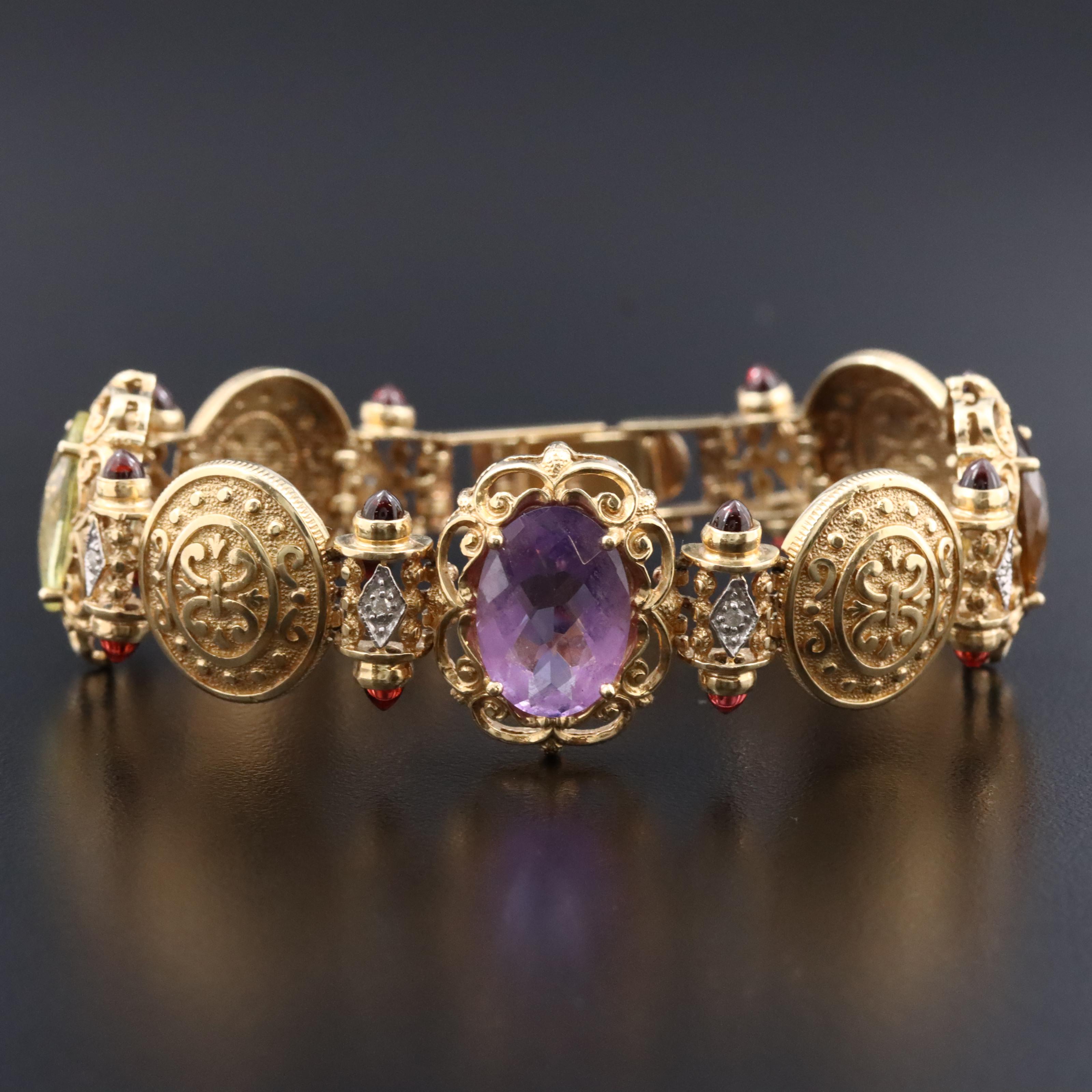 14K Gemstone and Diamond Ornate Medallion Bracelet