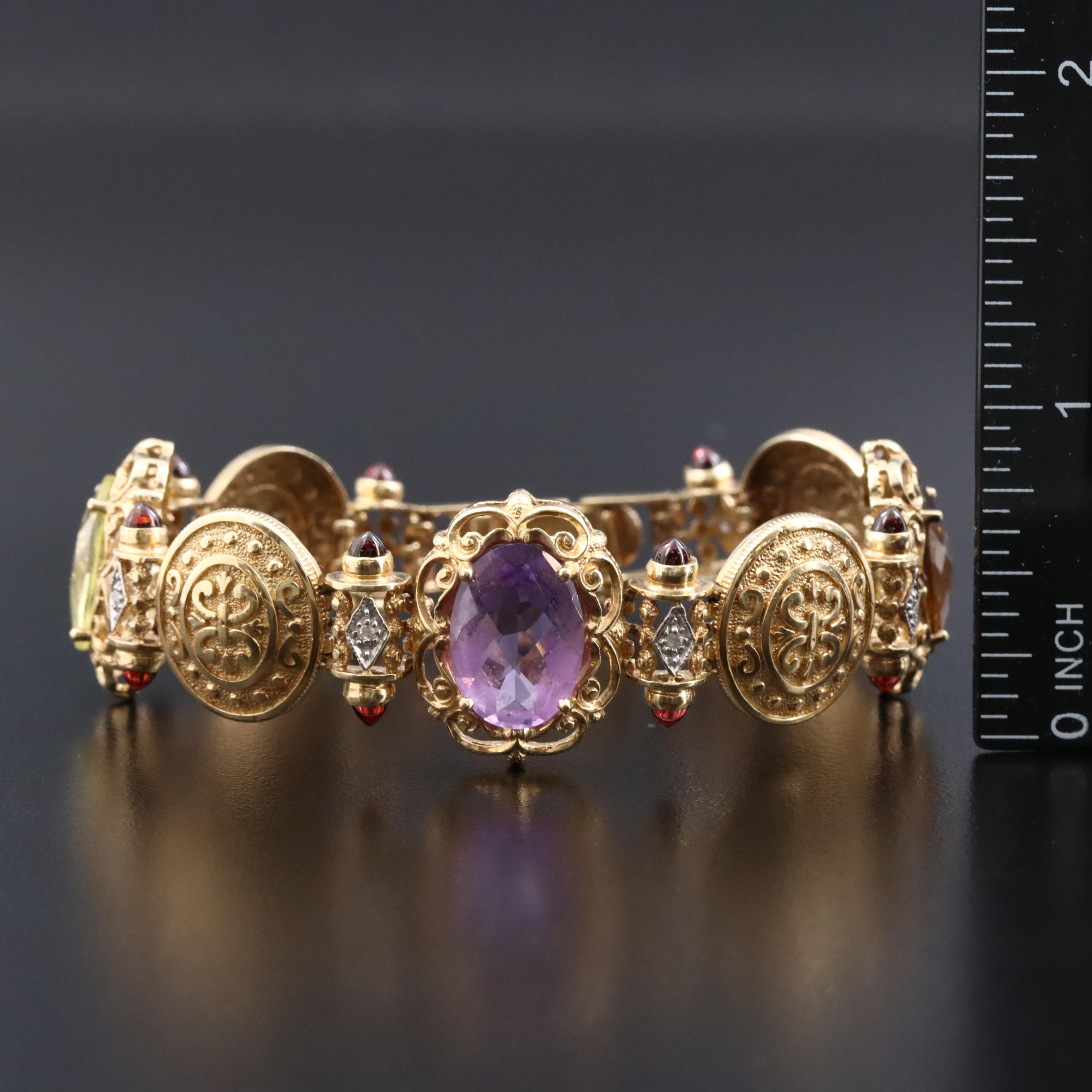 14K Gemstone and Diamond Ornate Medallion Bracelet