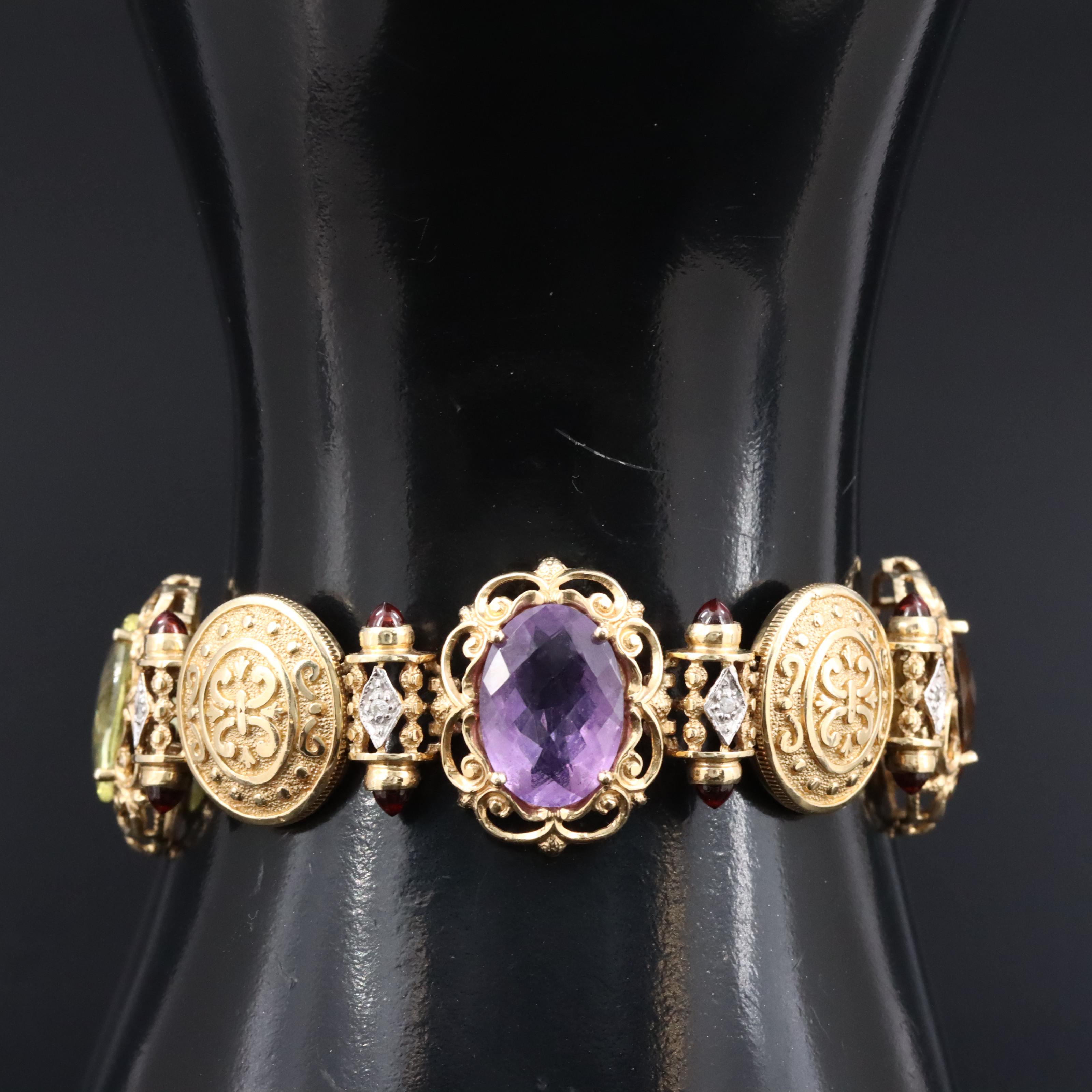 14K Gemstone and Diamond Ornate Medallion Bracelet