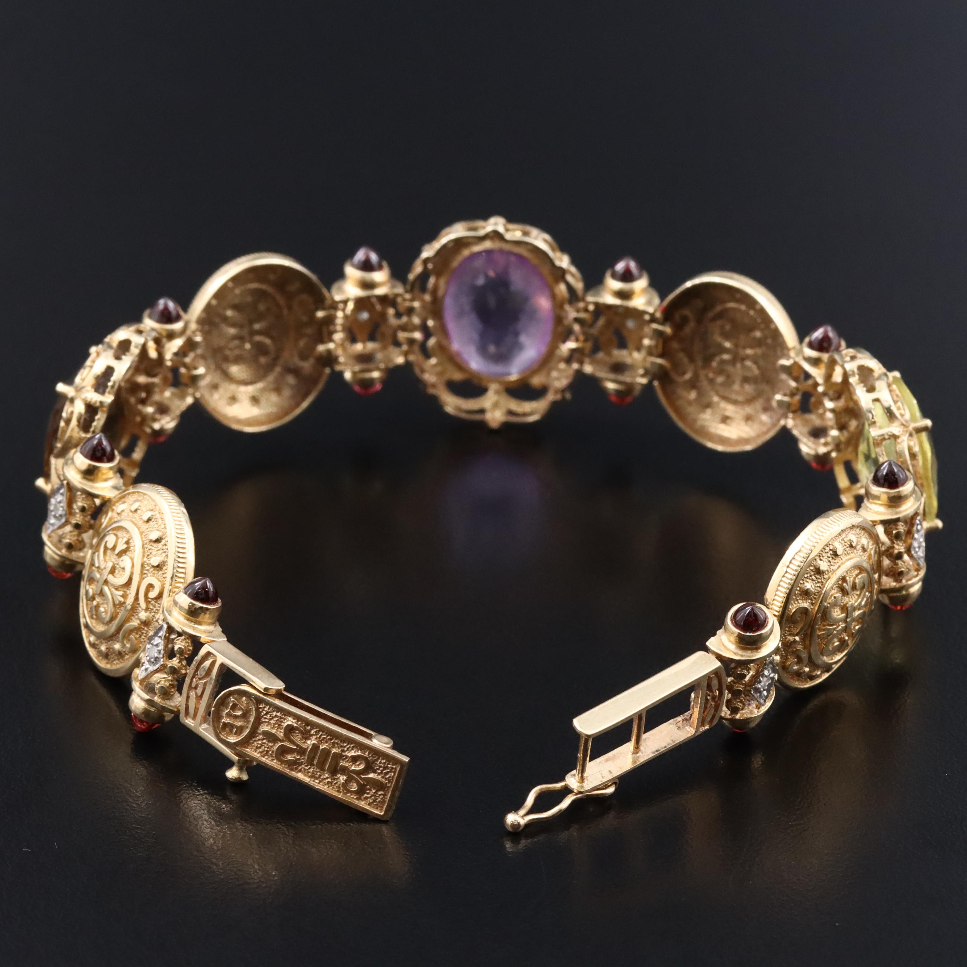 14K Gemstone and Diamond Ornate Medallion Bracelet