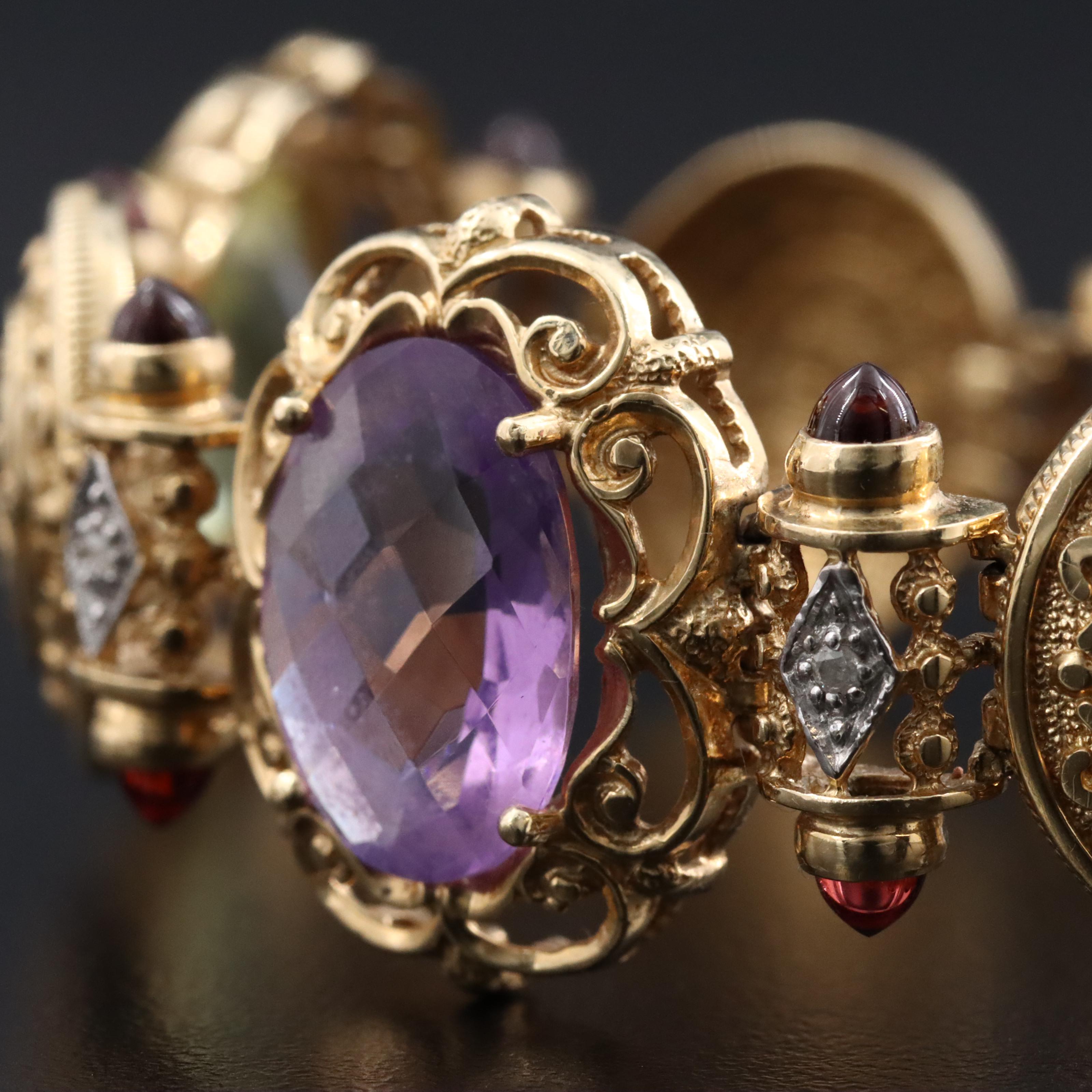 14K Gemstone and Diamond Ornate Medallion Bracelet
