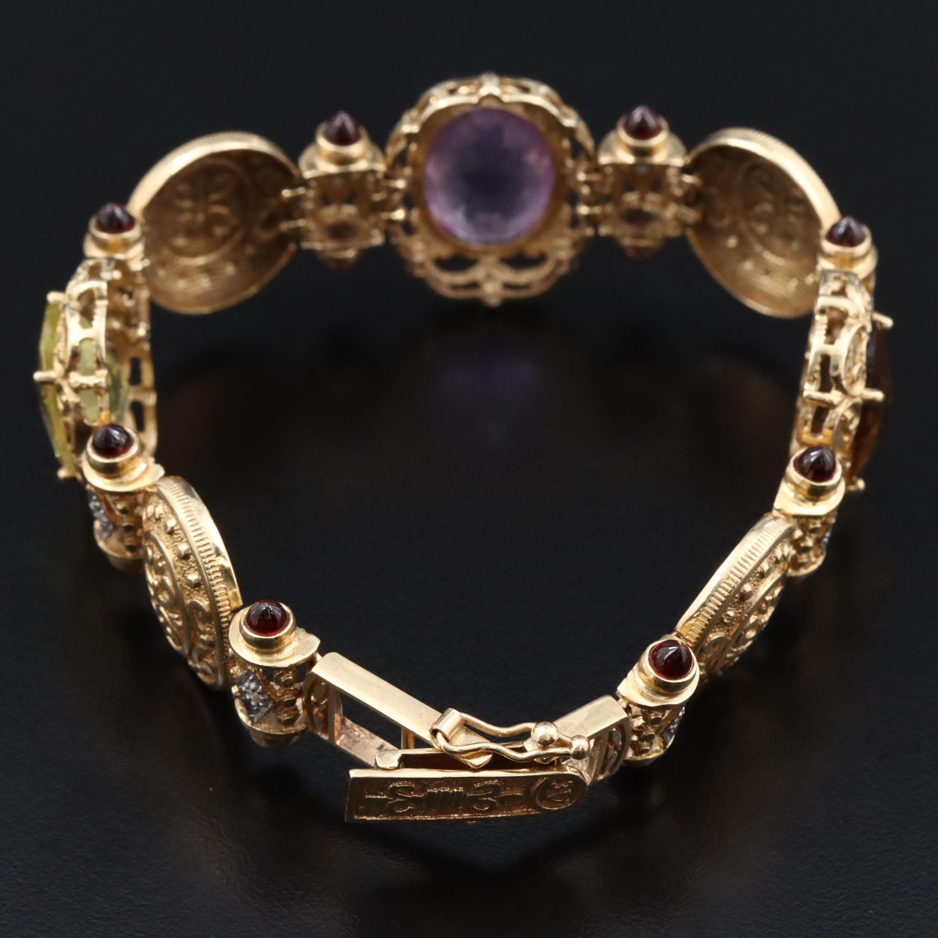 14K Gemstone and Diamond Ornate Medallion Bracelet