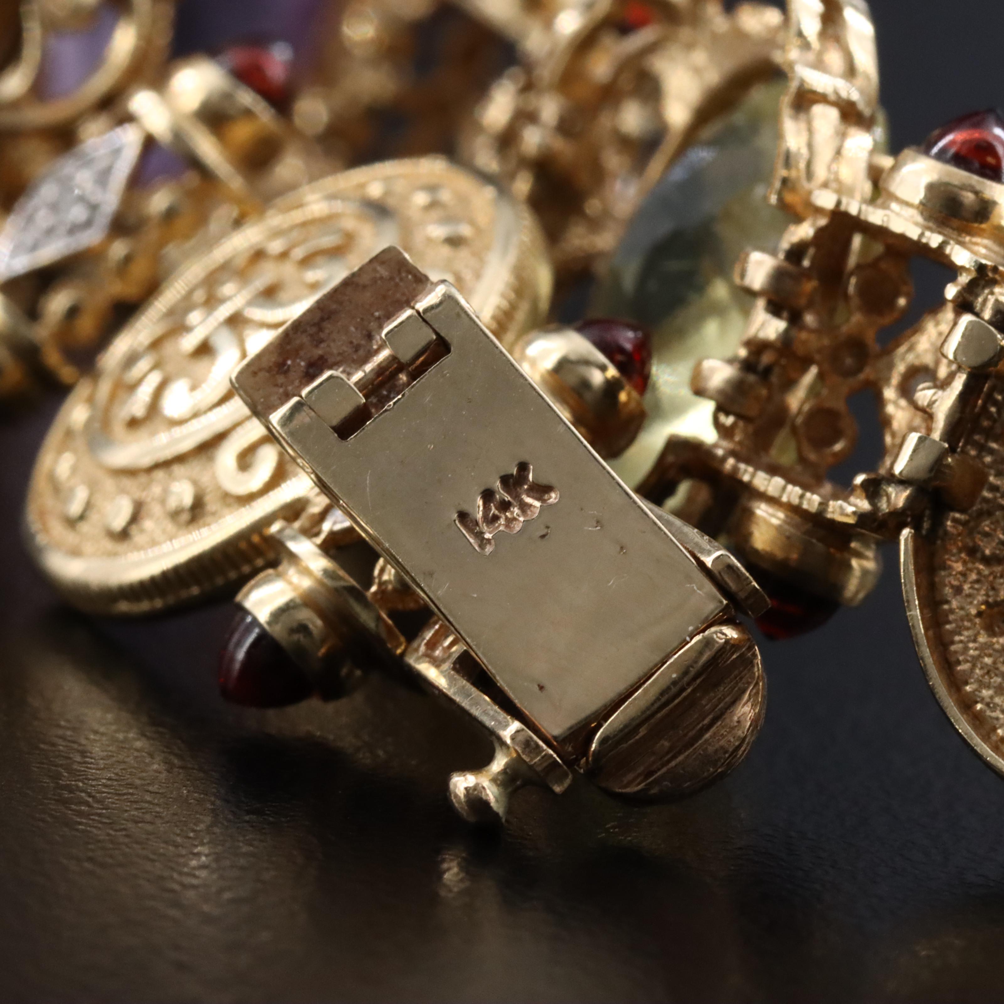 14K Gemstone and Diamond Ornate Medallion Bracelet