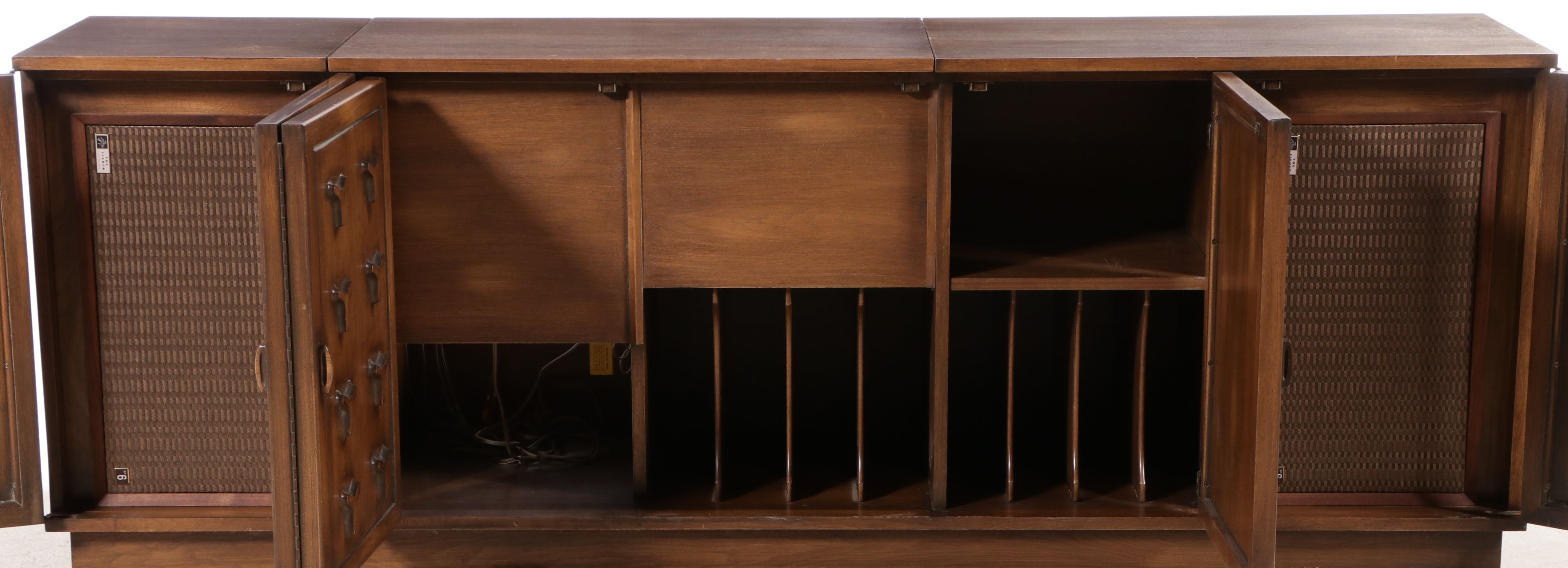 Mid Century Modern Walnut Stereo Cabinet with Dual and Fisher Audio Equipment