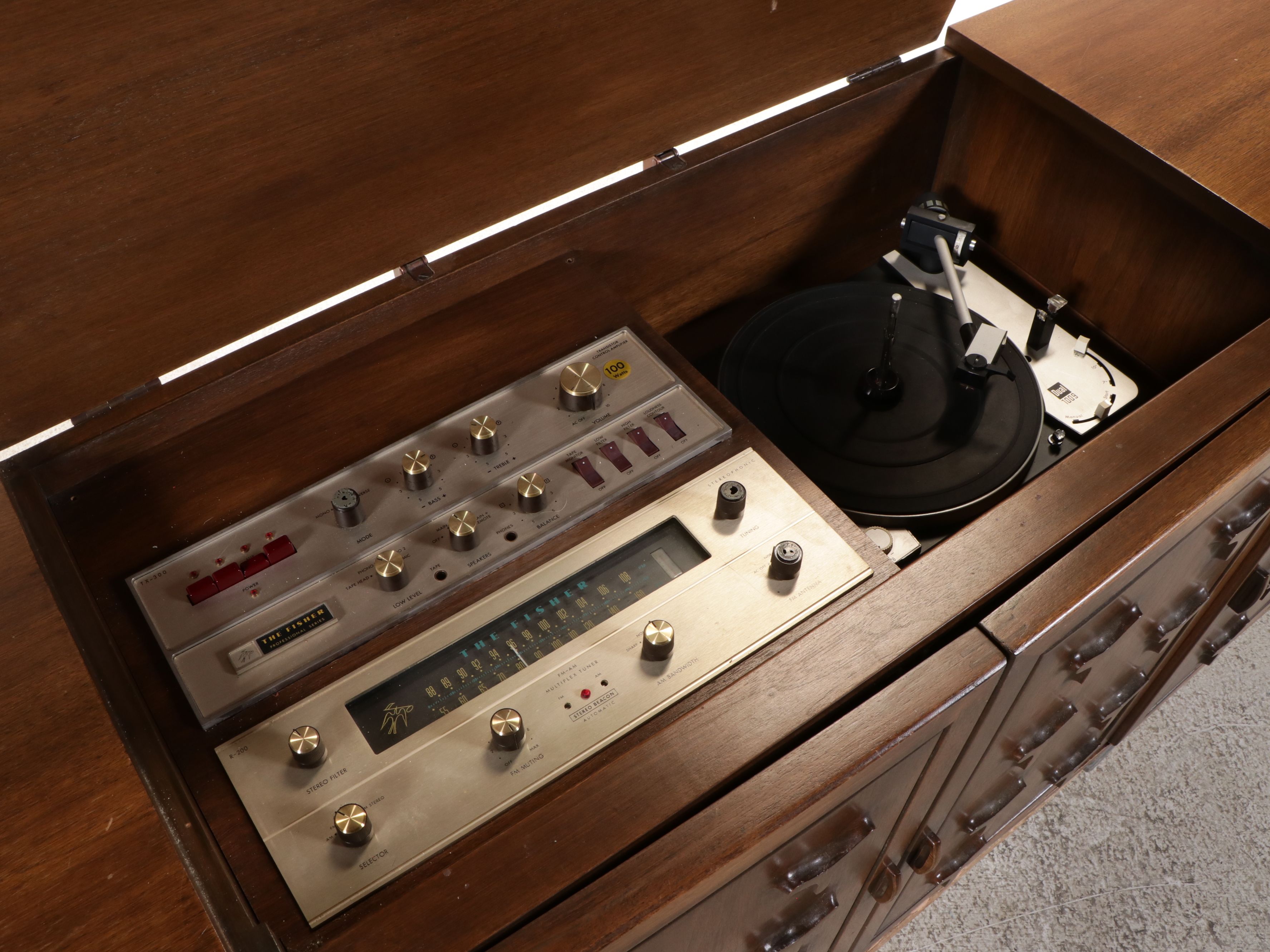 Mid Century Modern Walnut Stereo Cabinet with Dual and Fisher Audio Equipment