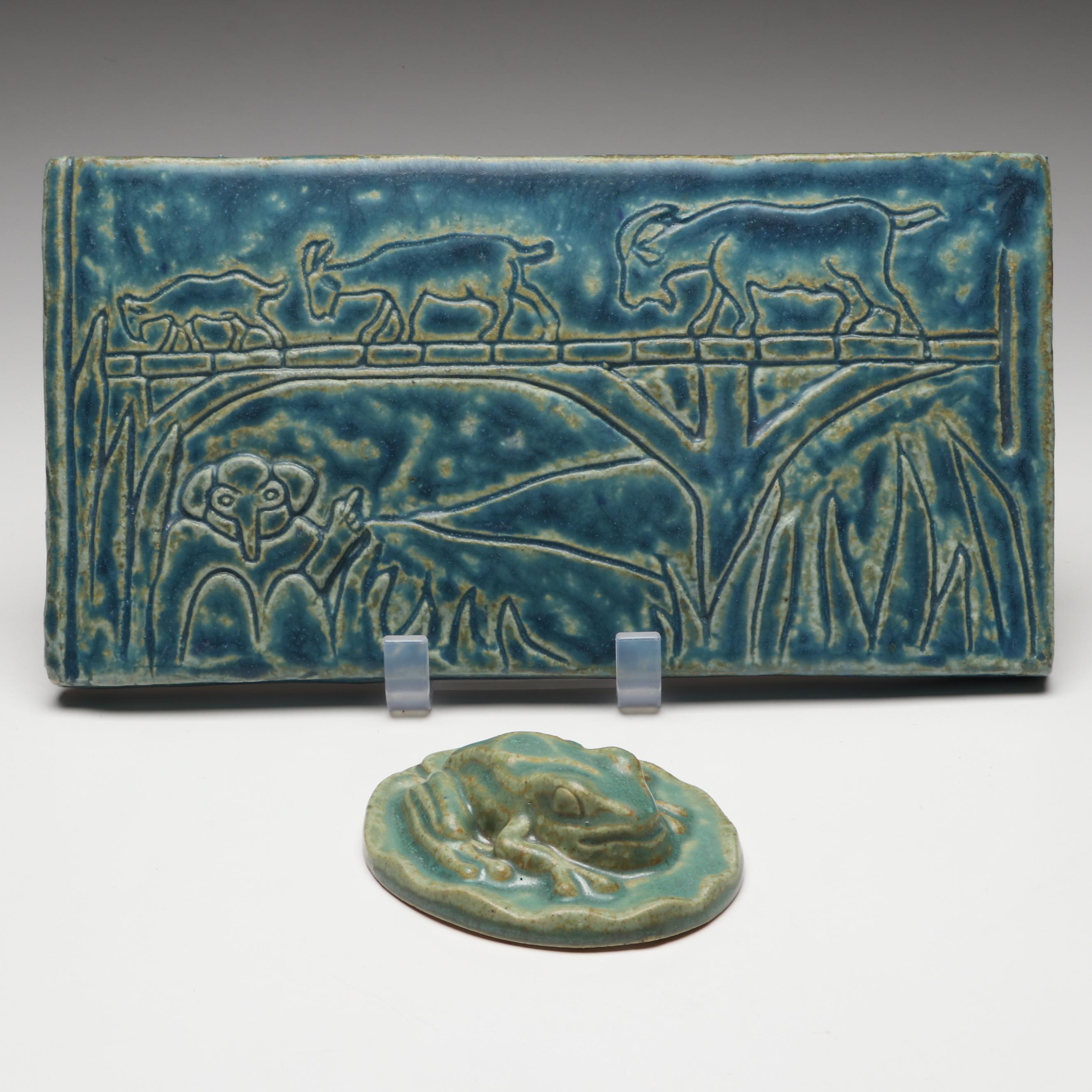 Pewabic Pottery Blue Ceramic Goat Plaque and Green Frog Wall Hanging