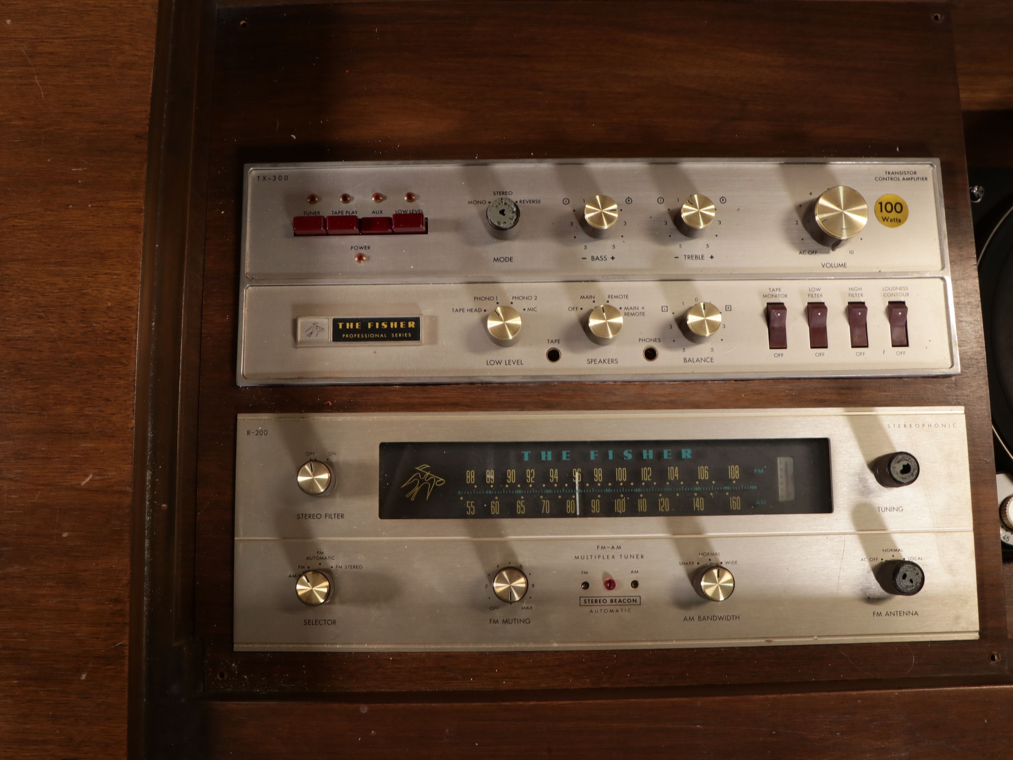 Mid Century Modern Walnut Stereo Cabinet with Dual and Fisher Audio Equipment