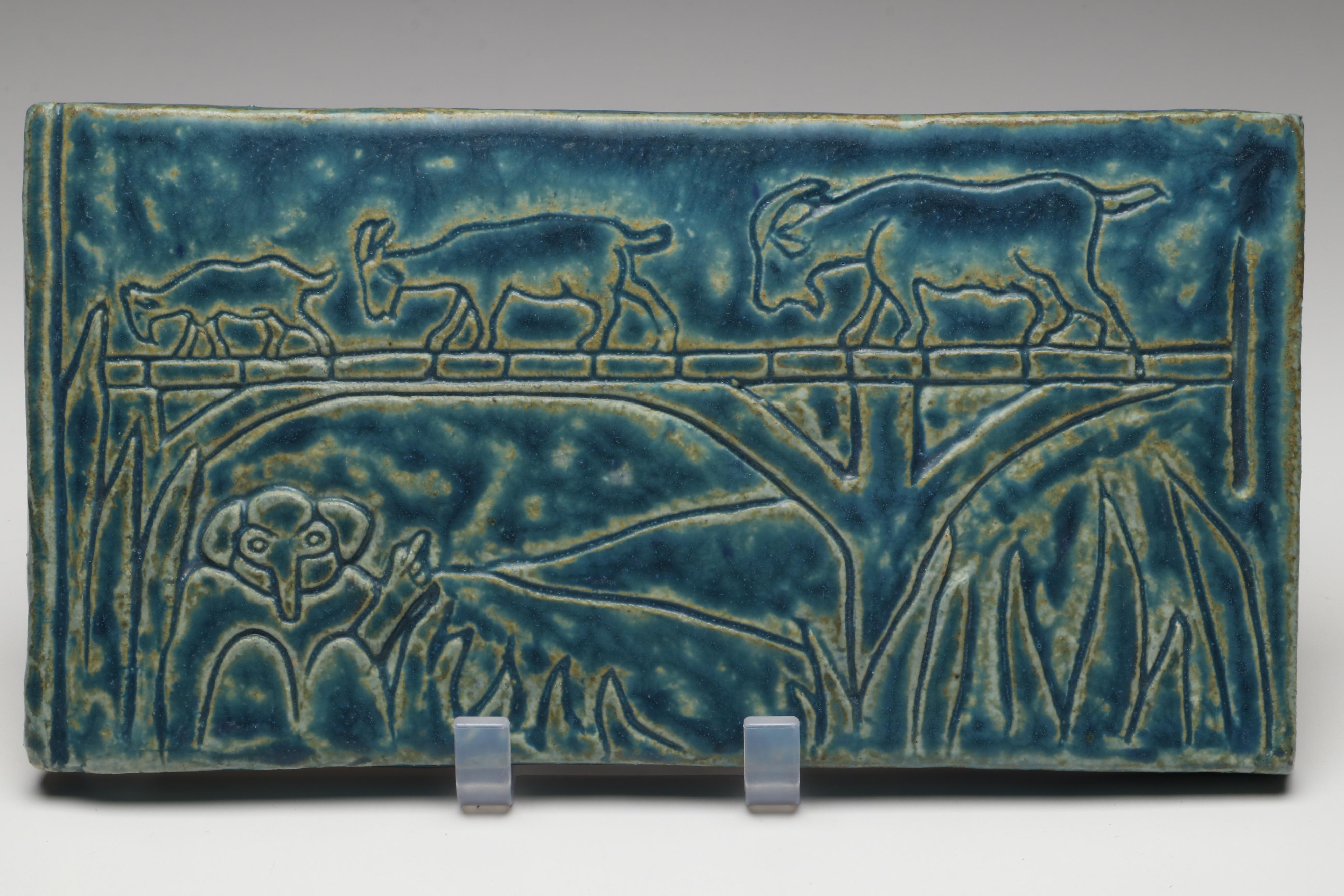 Pewabic Pottery Blue Ceramic Goat Plaque and Green Frog Wall Hanging