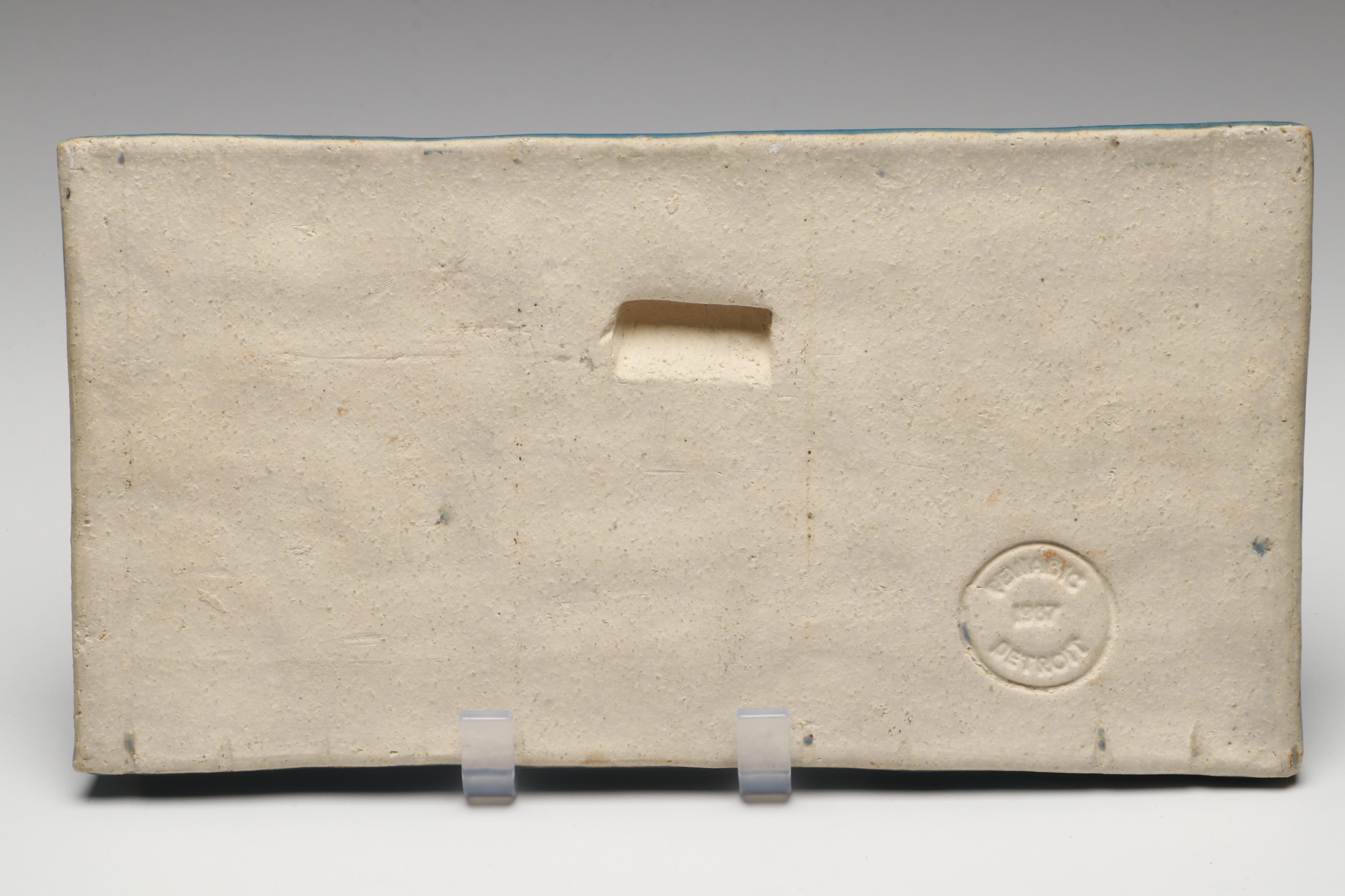 Pewabic Pottery Blue Ceramic Goat Plaque and Green Frog Wall Hanging