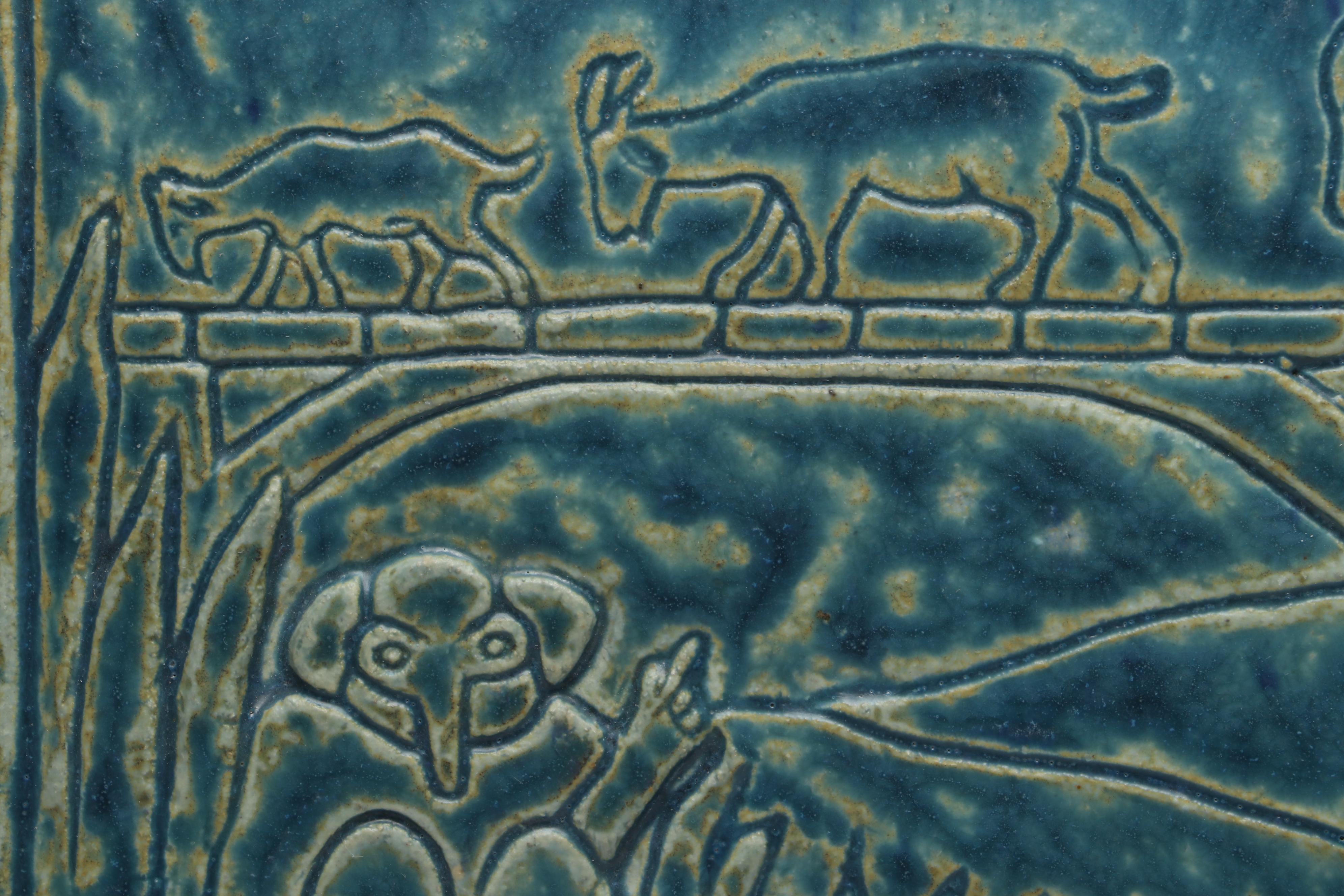 Pewabic Pottery Blue Ceramic Goat Plaque and Green Frog Wall Hanging