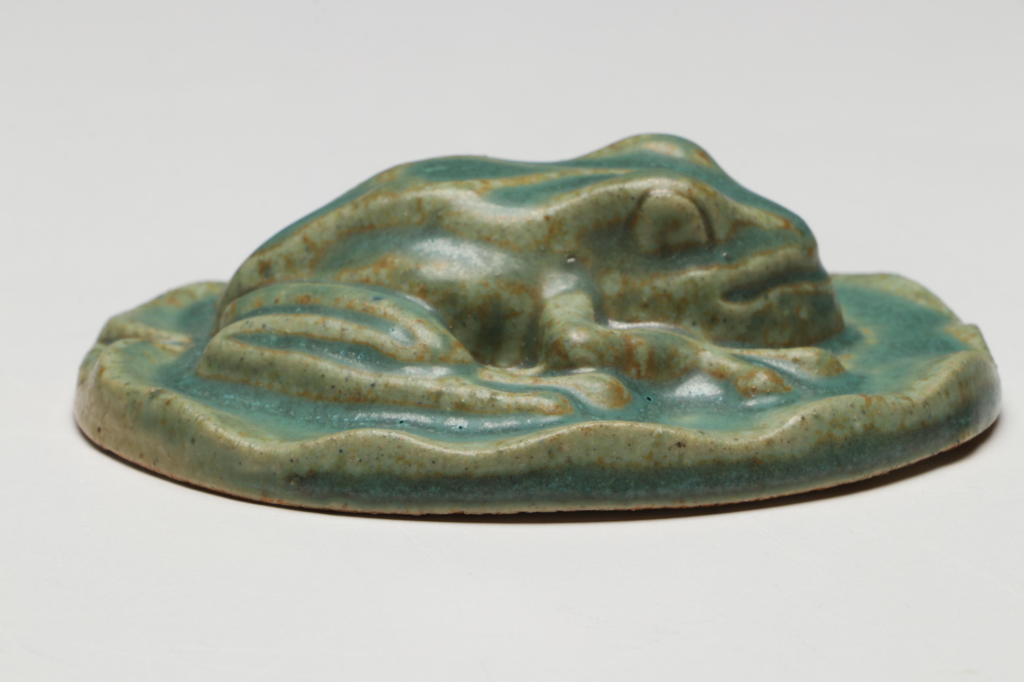 Pewabic Pottery Blue Ceramic Goat Plaque and Green Frog Wall Hanging