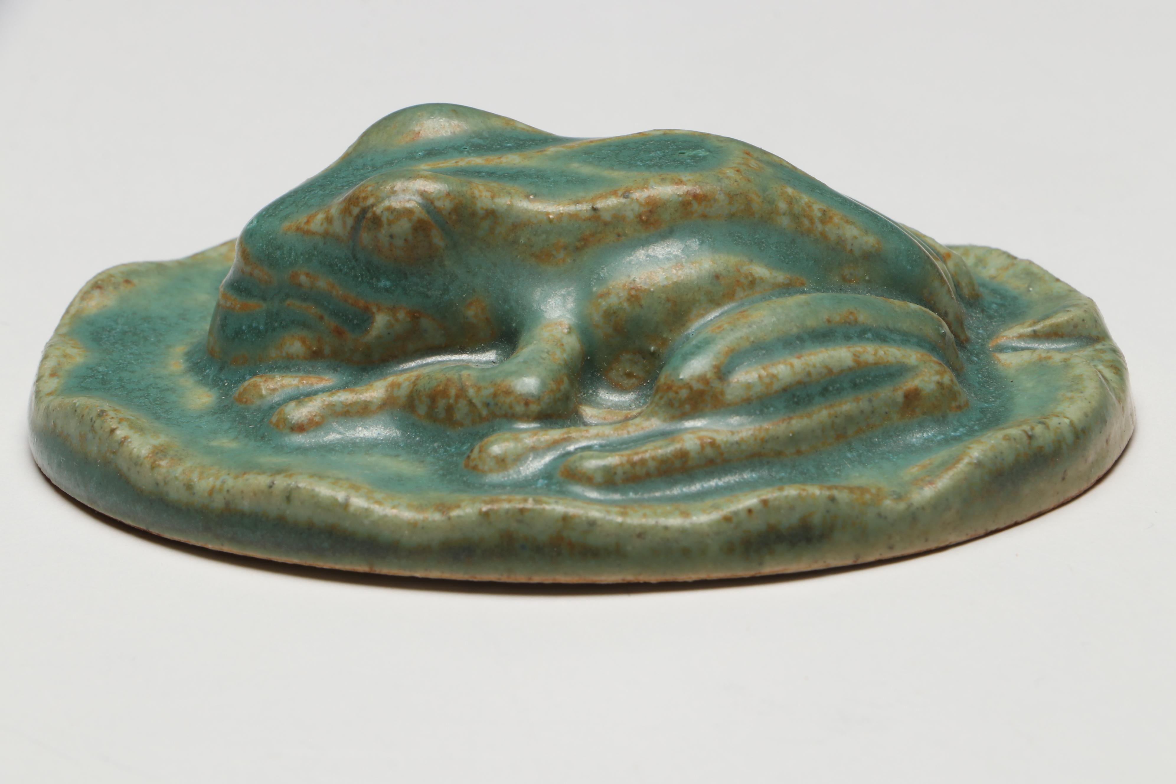 Pewabic Pottery Blue Ceramic Goat Plaque and Green Frog Wall Hanging