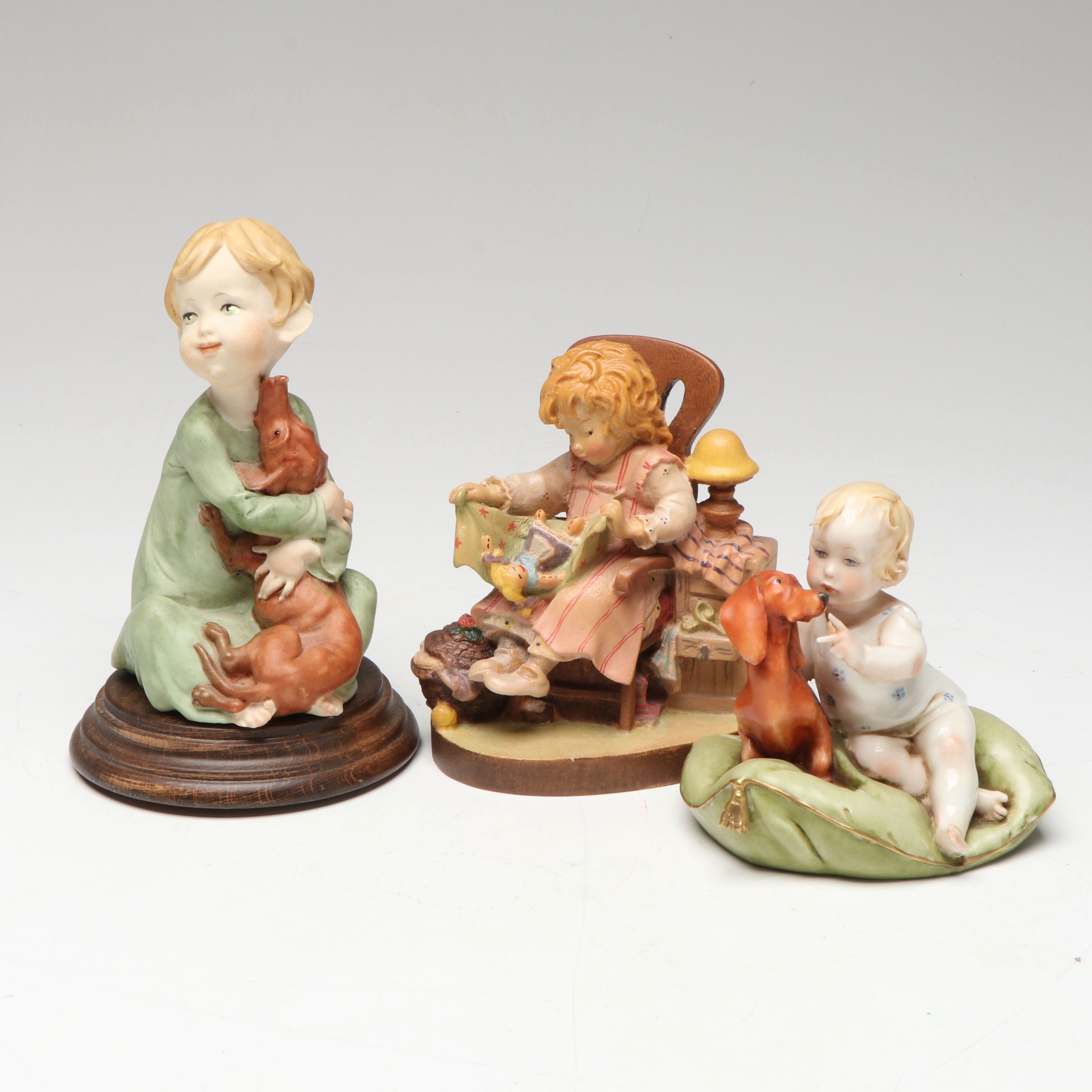 Lisi Martin Wood Girl in Chair with Italian Capodimonte Children