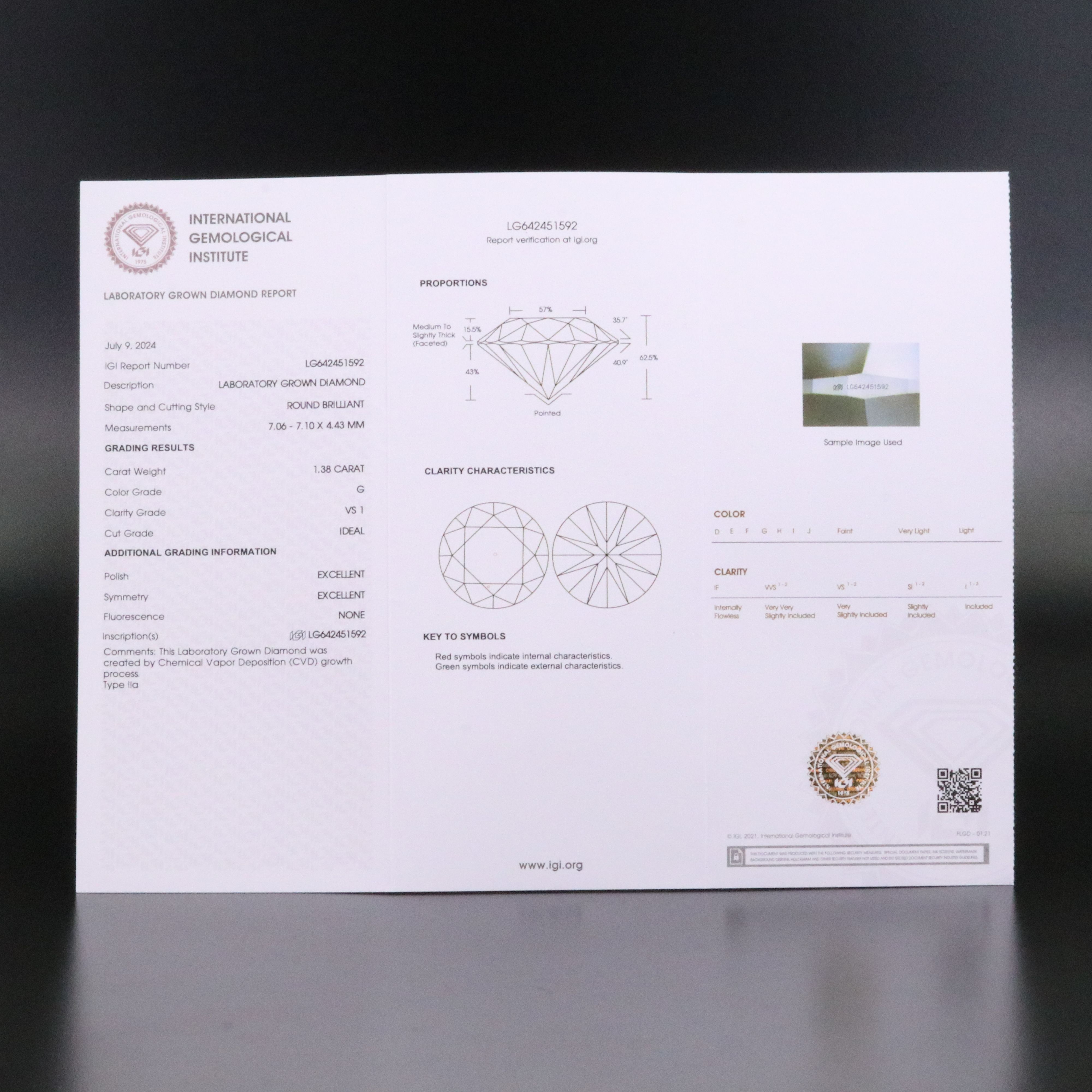 Loose 1.38 CT Lab Grown Diamond with IGI Report