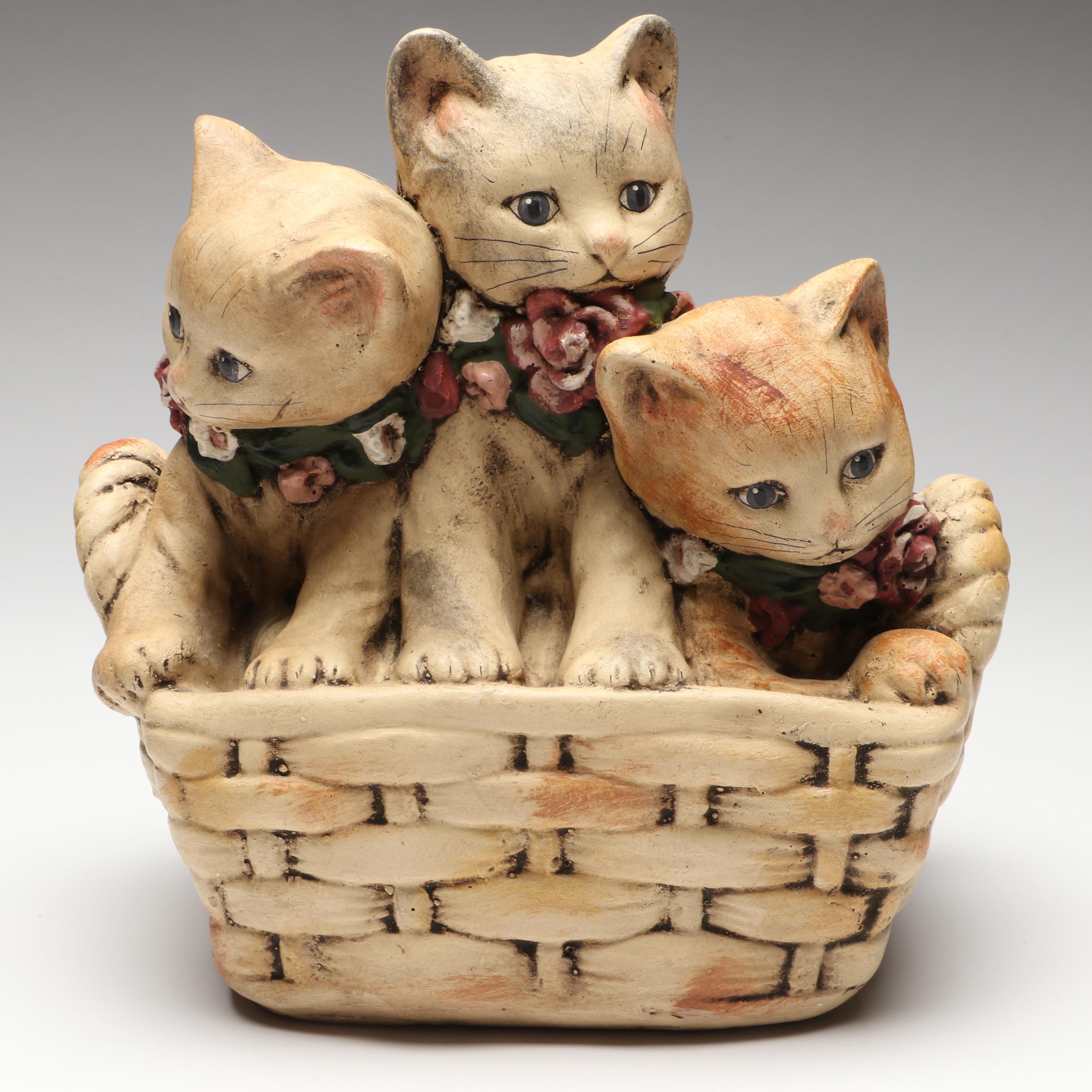 Stangl 22K Gilt Glazed Cat and Walnut Ridge Collectibles Basket of Kittens