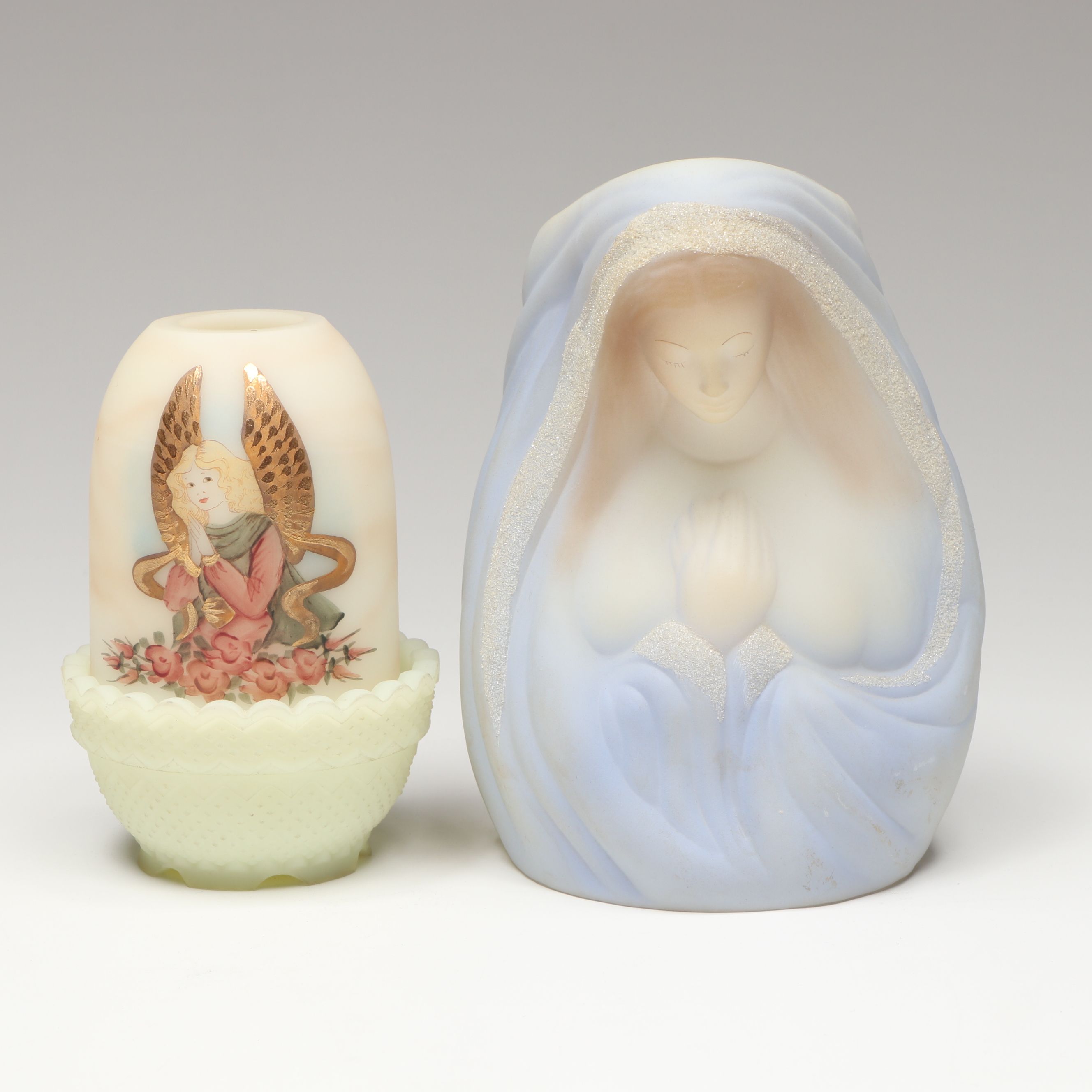 Fenton Angel Custard Glass Fairy Lamp with Madonna Glass Vase