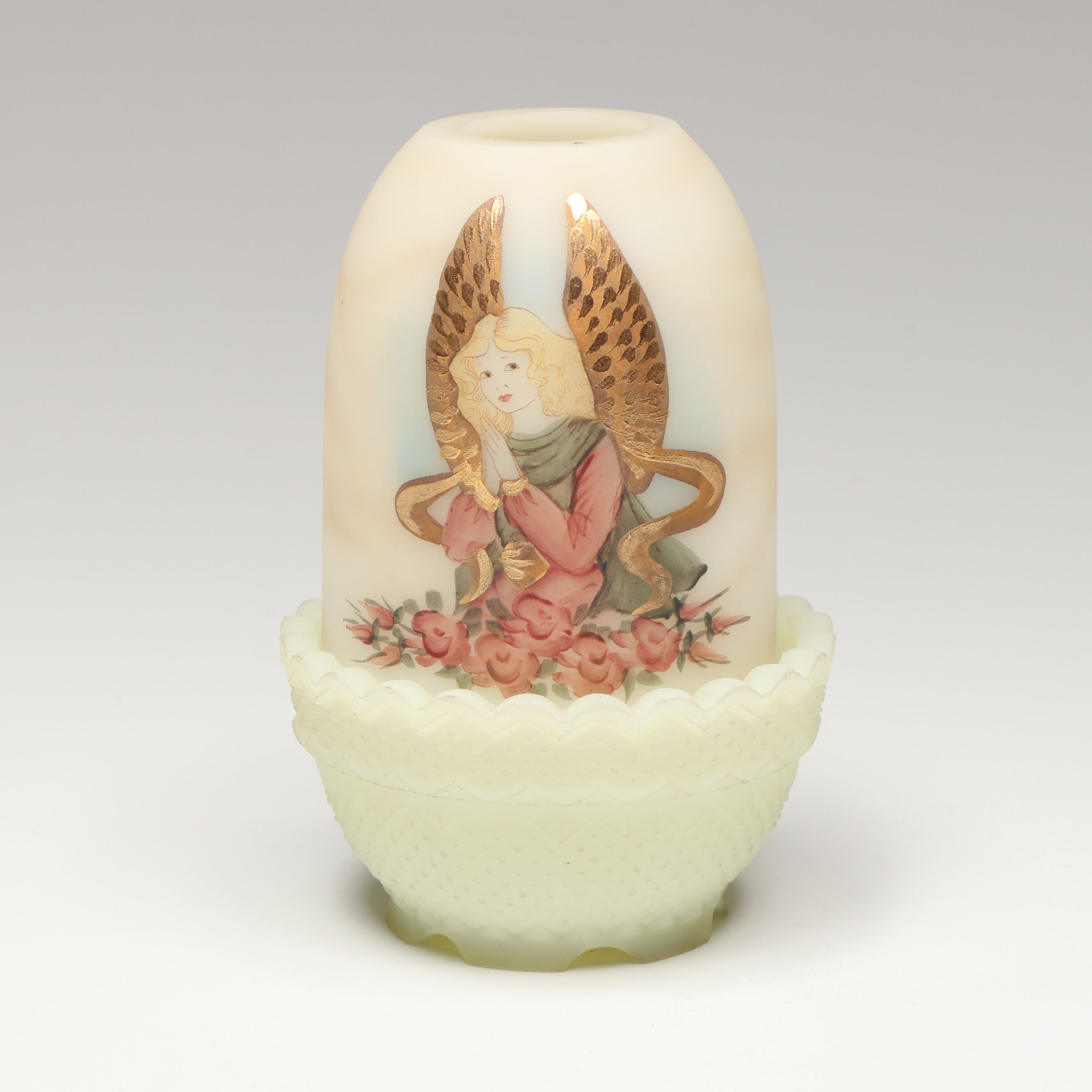 Fenton Angel Custard Glass Fairy Lamp with Madonna Glass Vase