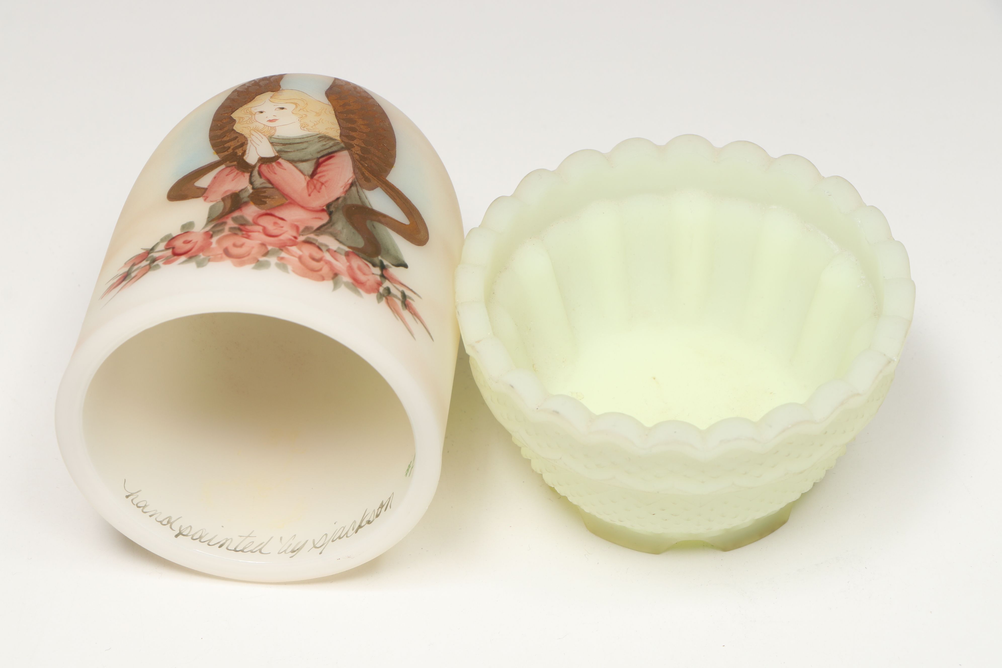 Fenton Angel Custard Glass Fairy Lamp with Madonna Glass Vase