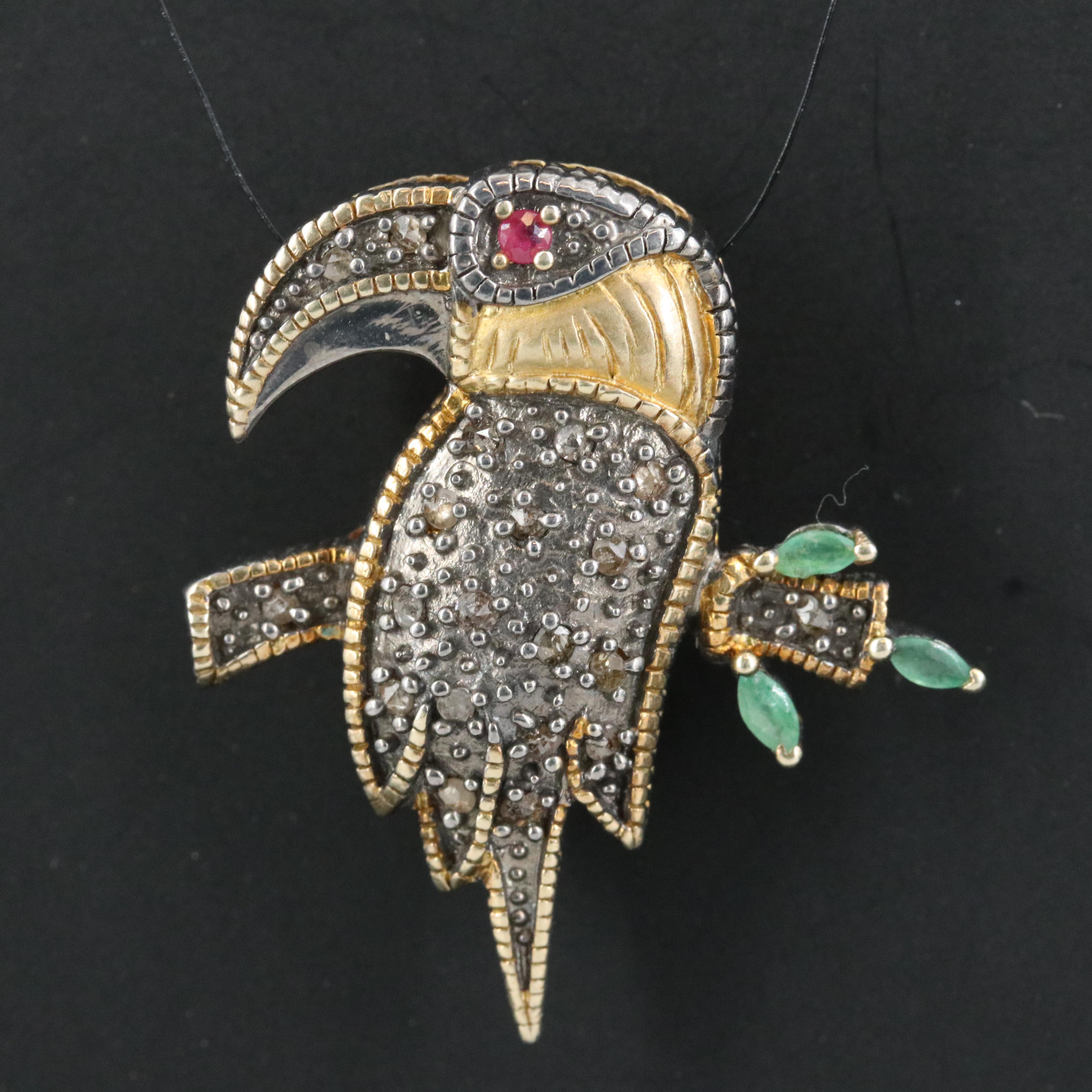 Sterling Toucan Pin with 9K Gold, Ruby, Emerald and Diamond Accents
