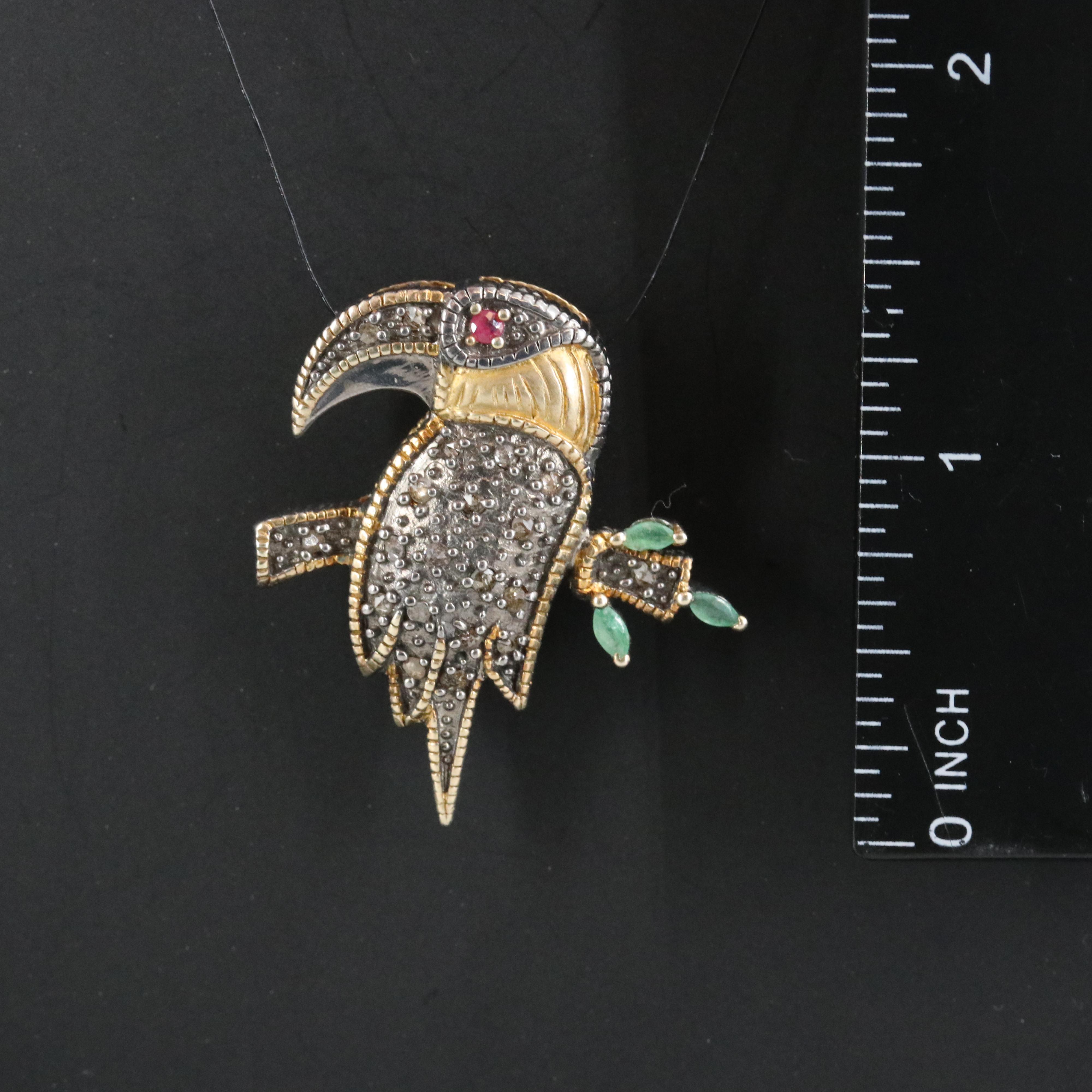 Sterling Toucan Pin with 9K Gold, Ruby, Emerald and Diamond Accents