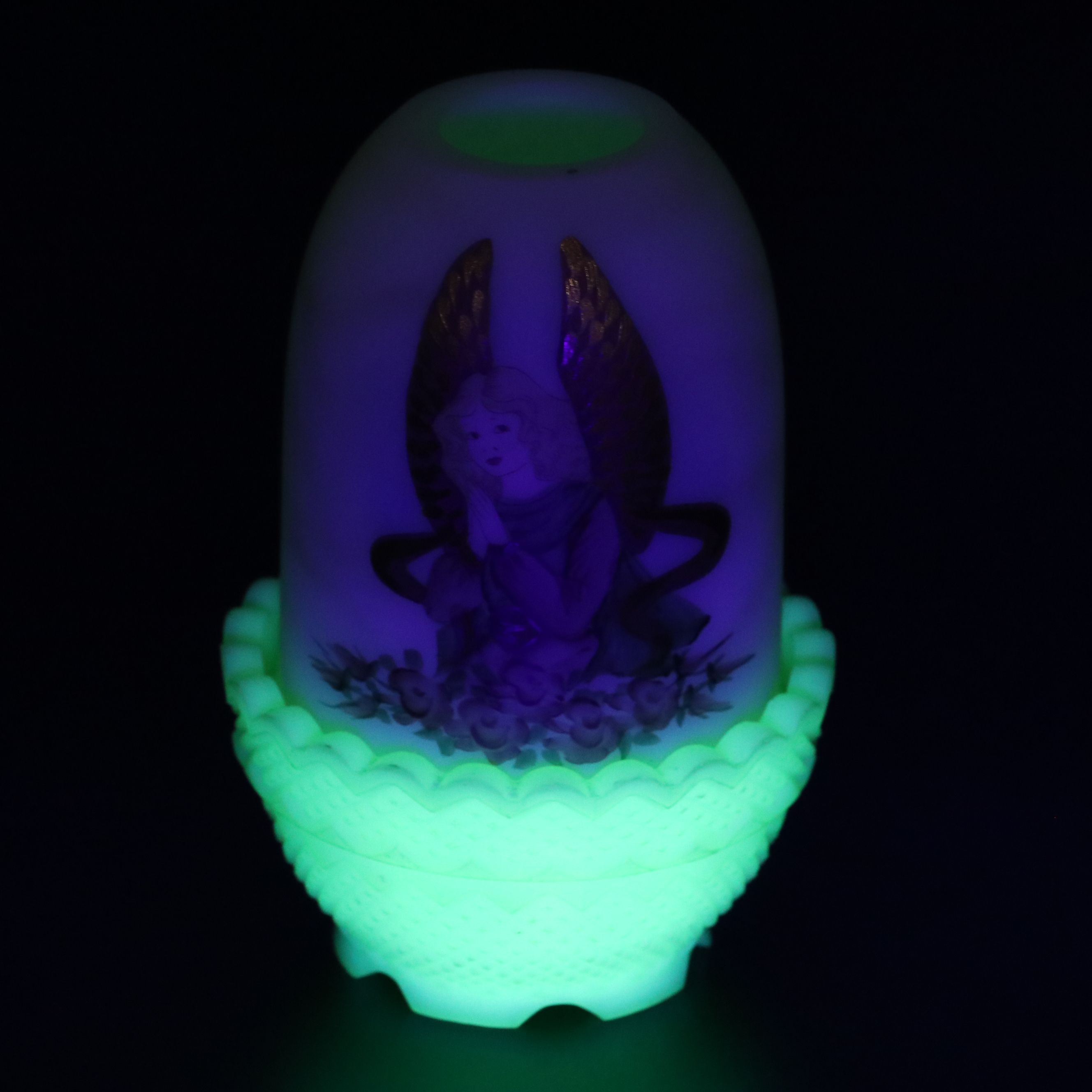 Fenton Angel Custard Glass Fairy Lamp with Madonna Glass Vase