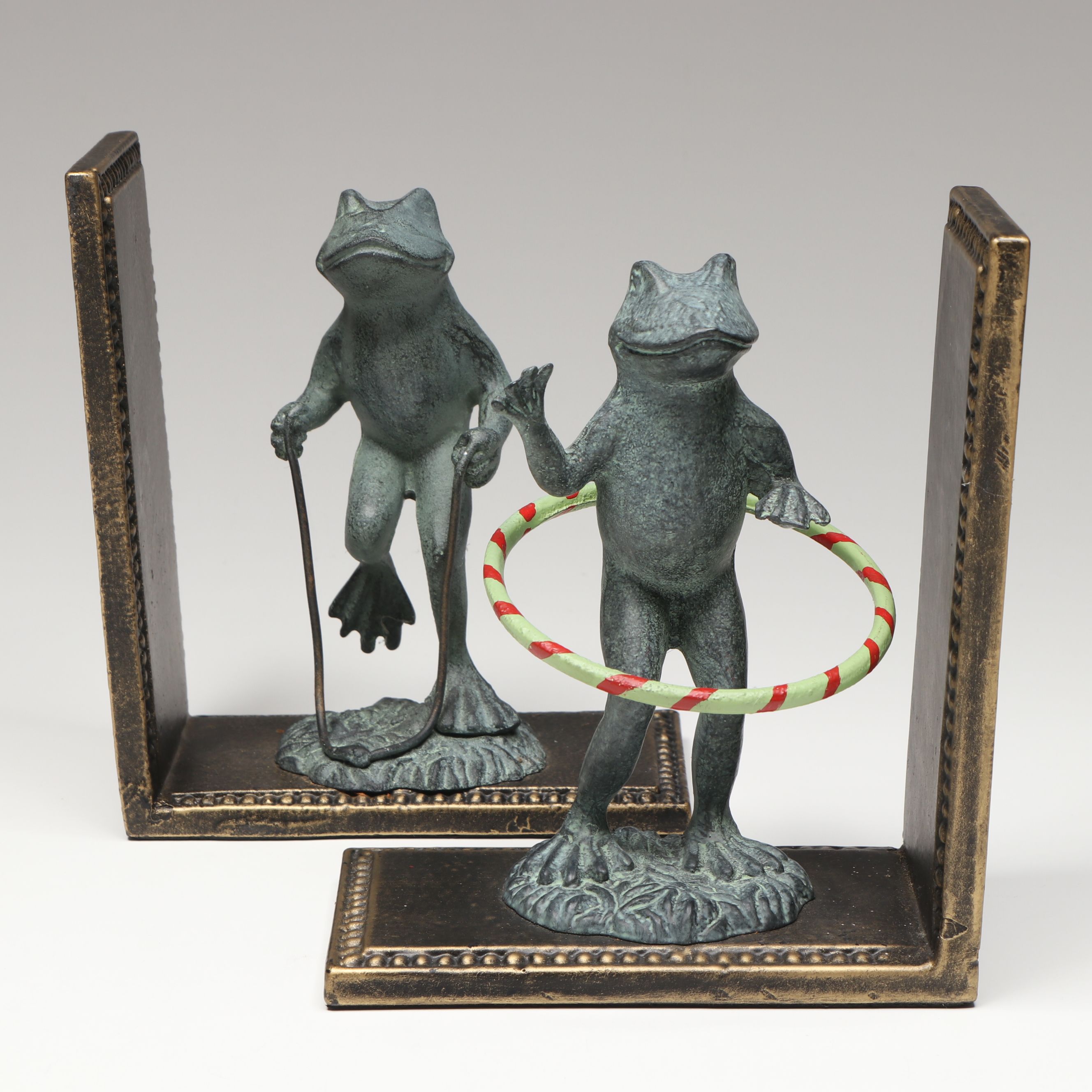 Hula Hooping and Jump Roping Cast Iron Frogs on Brass Bookends