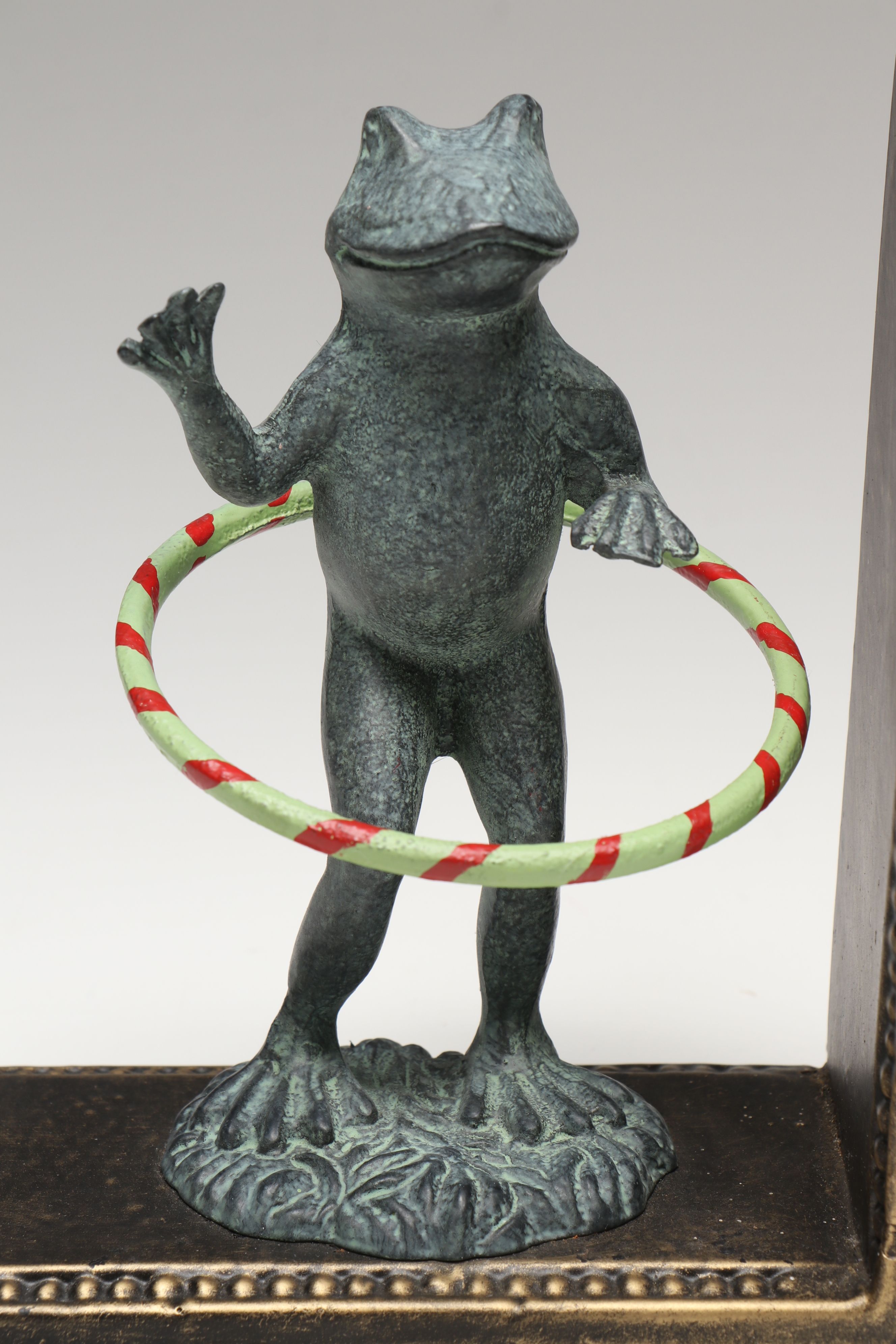 Hula Hooping and Jump Roping Cast Iron Frogs on Brass Bookends
