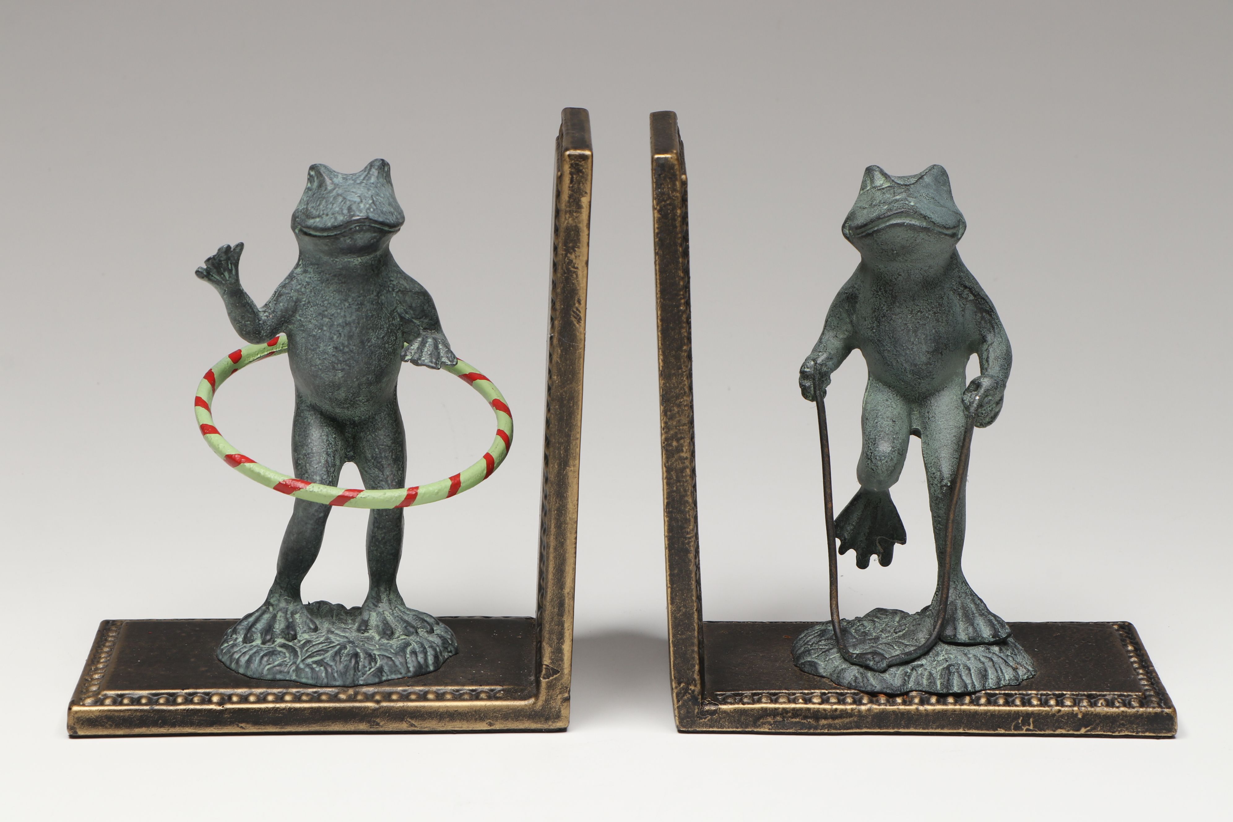 Hula Hooping and Jump Roping Cast Iron Frogs on Brass Bookends