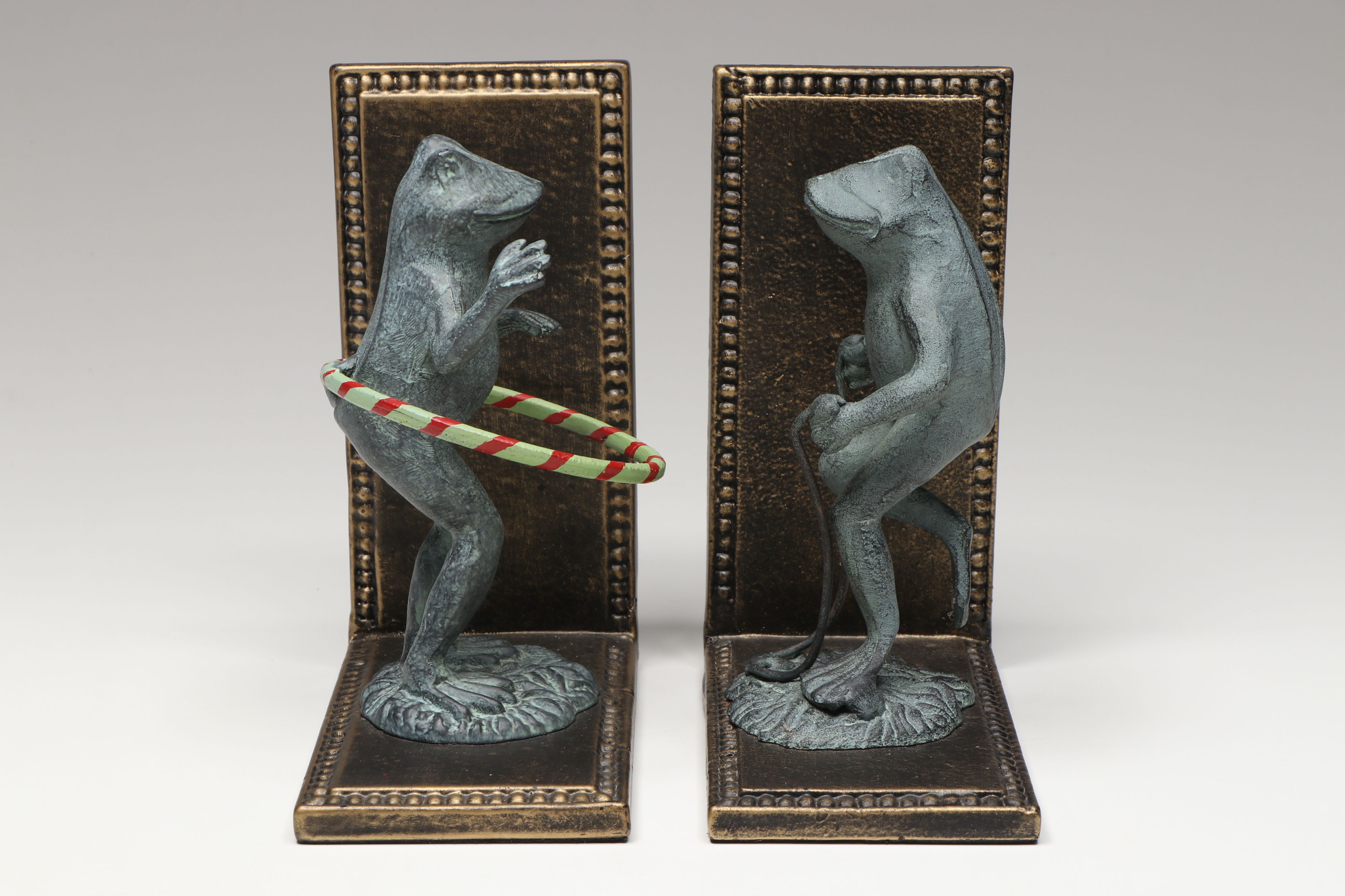 Hula Hooping and Jump Roping Cast Iron Frogs on Brass Bookends