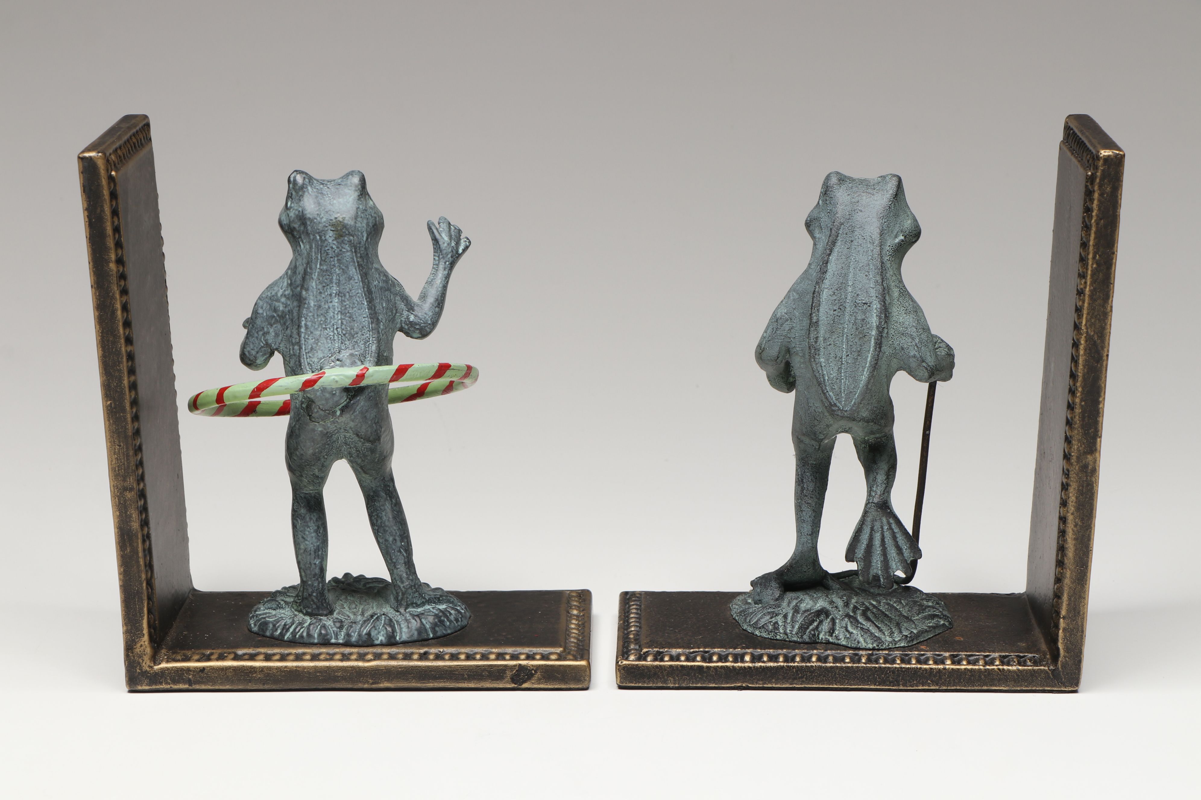 Hula Hooping and Jump Roping Cast Iron Frogs on Brass Bookends