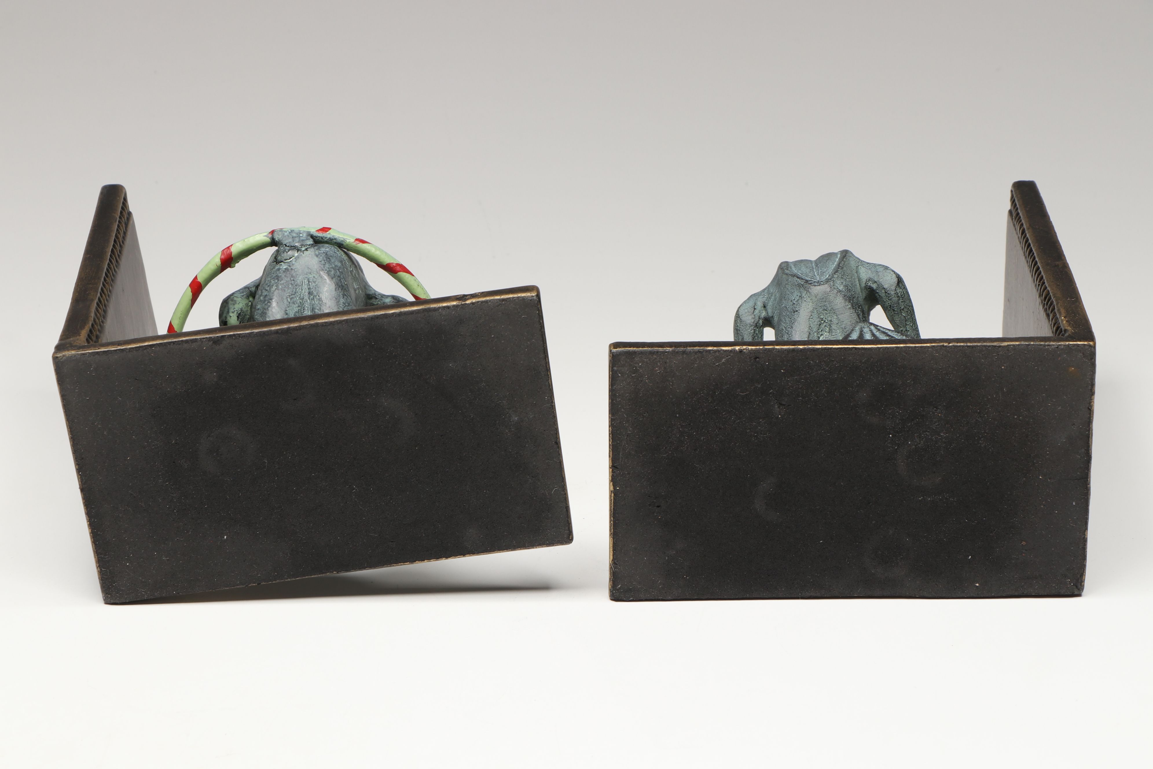 Hula Hooping and Jump Roping Cast Iron Frogs on Brass Bookends