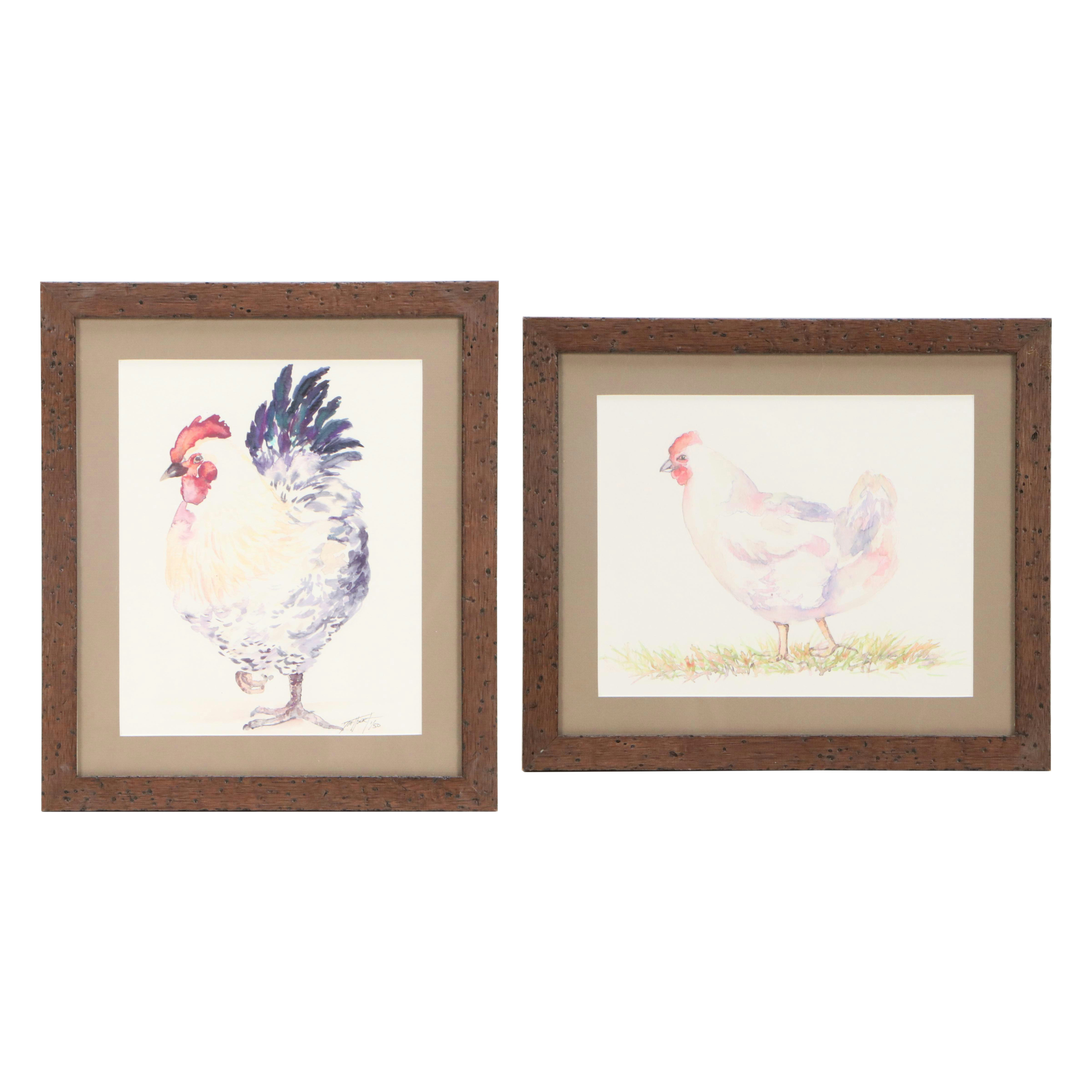 Hand Embellished Giclees of Chicken and Rooster, 21st Century