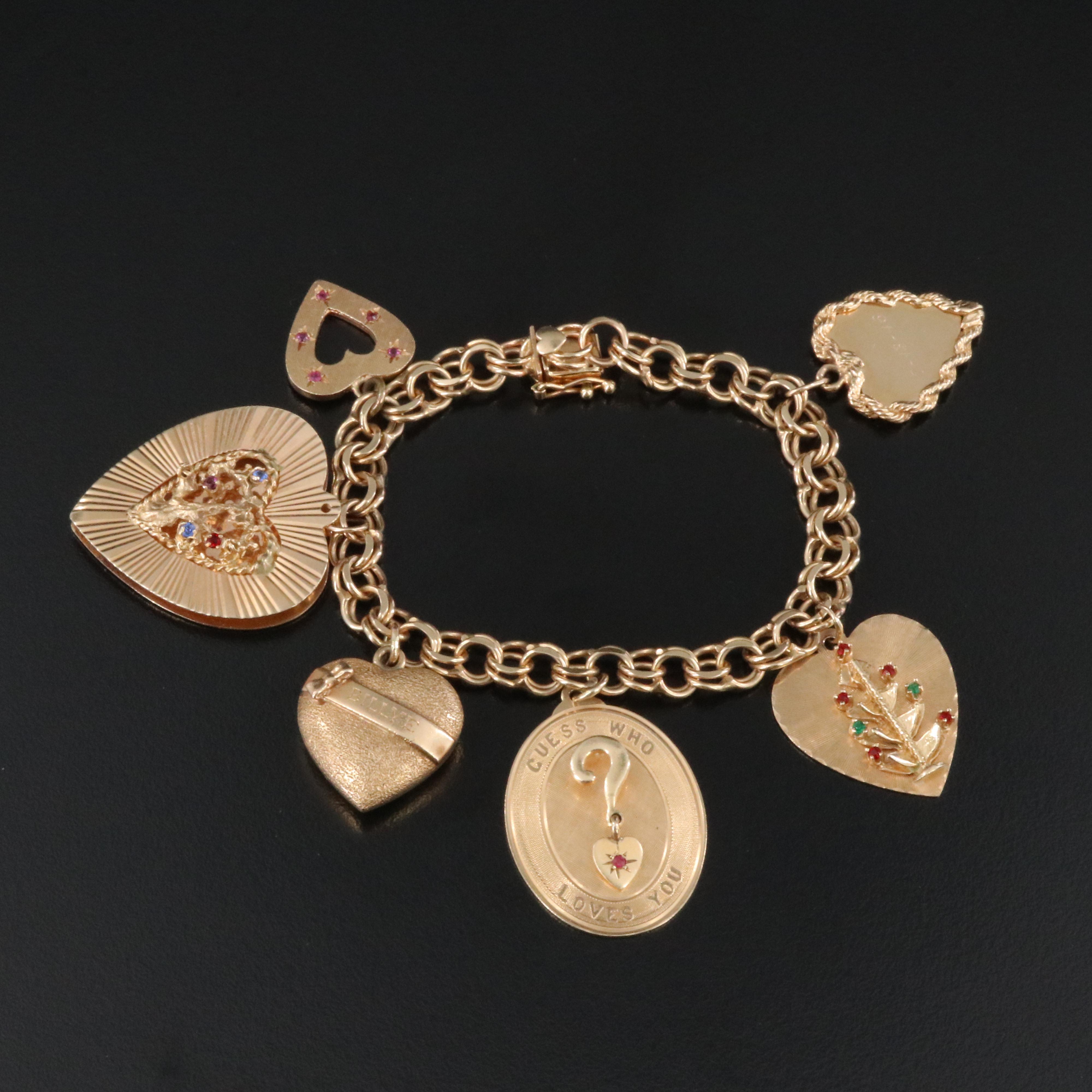 14K Vintage Heart Charm Bracelet Including Ruby