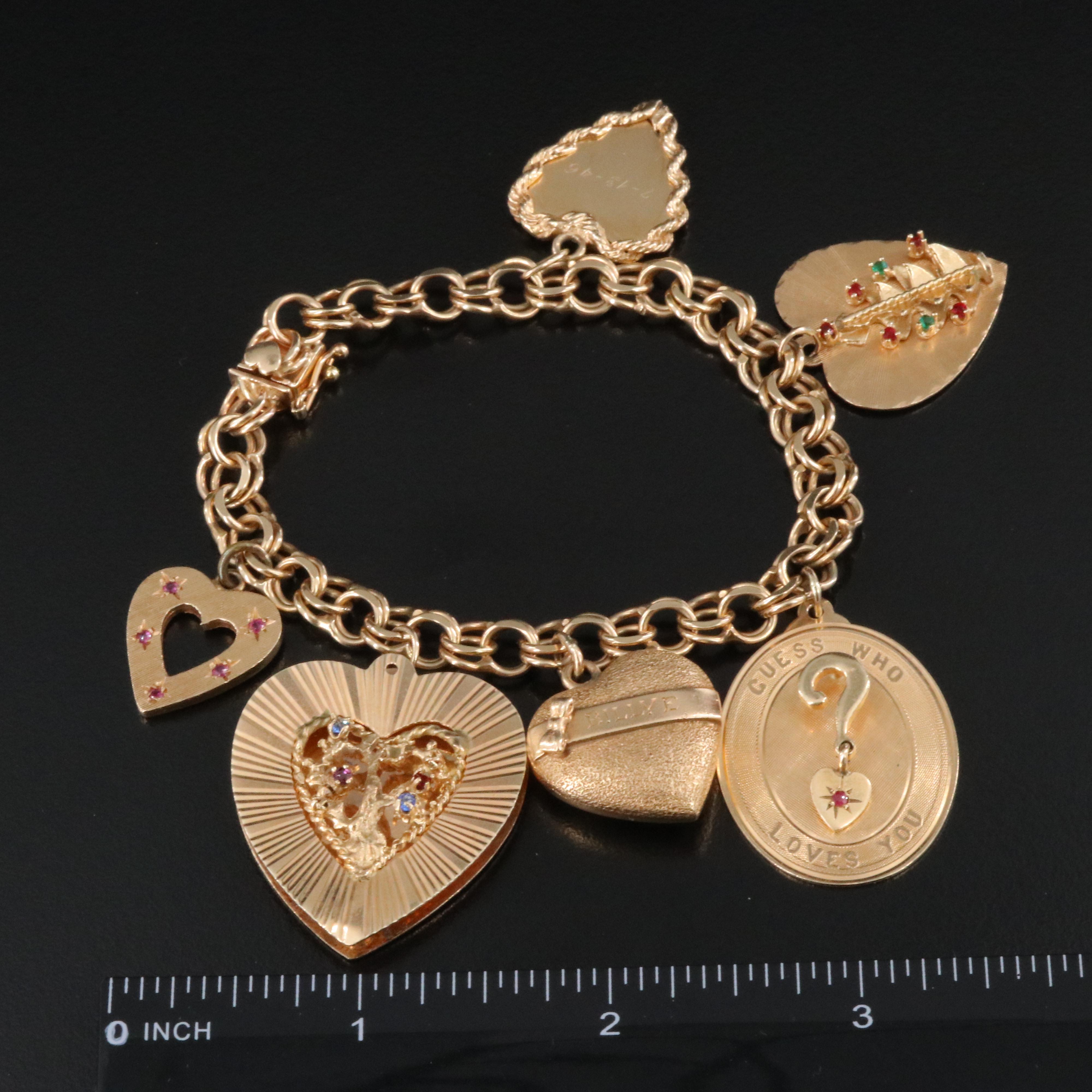 14K Vintage Heart Charm Bracelet Including Ruby