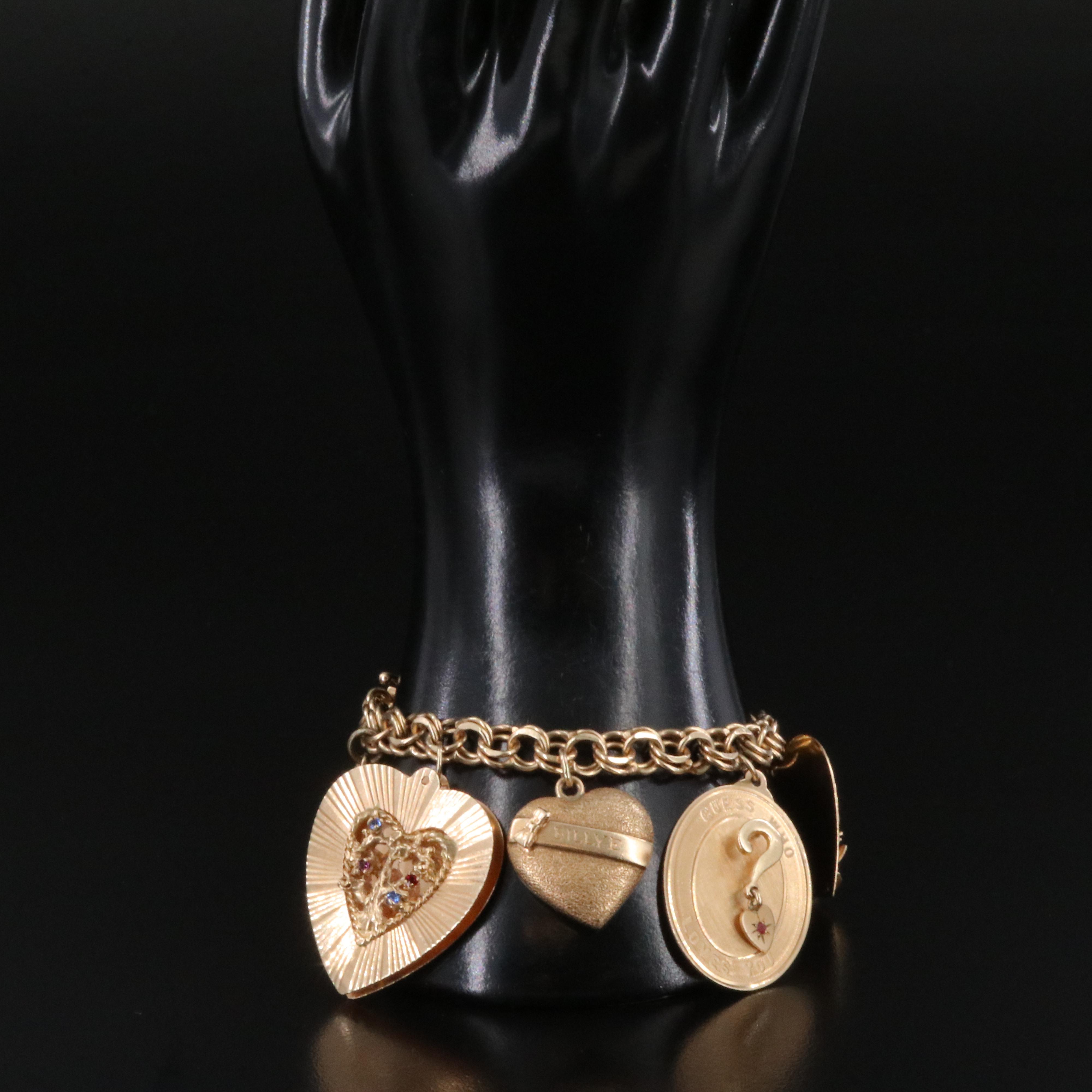 14K Vintage Heart Charm Bracelet Including Ruby