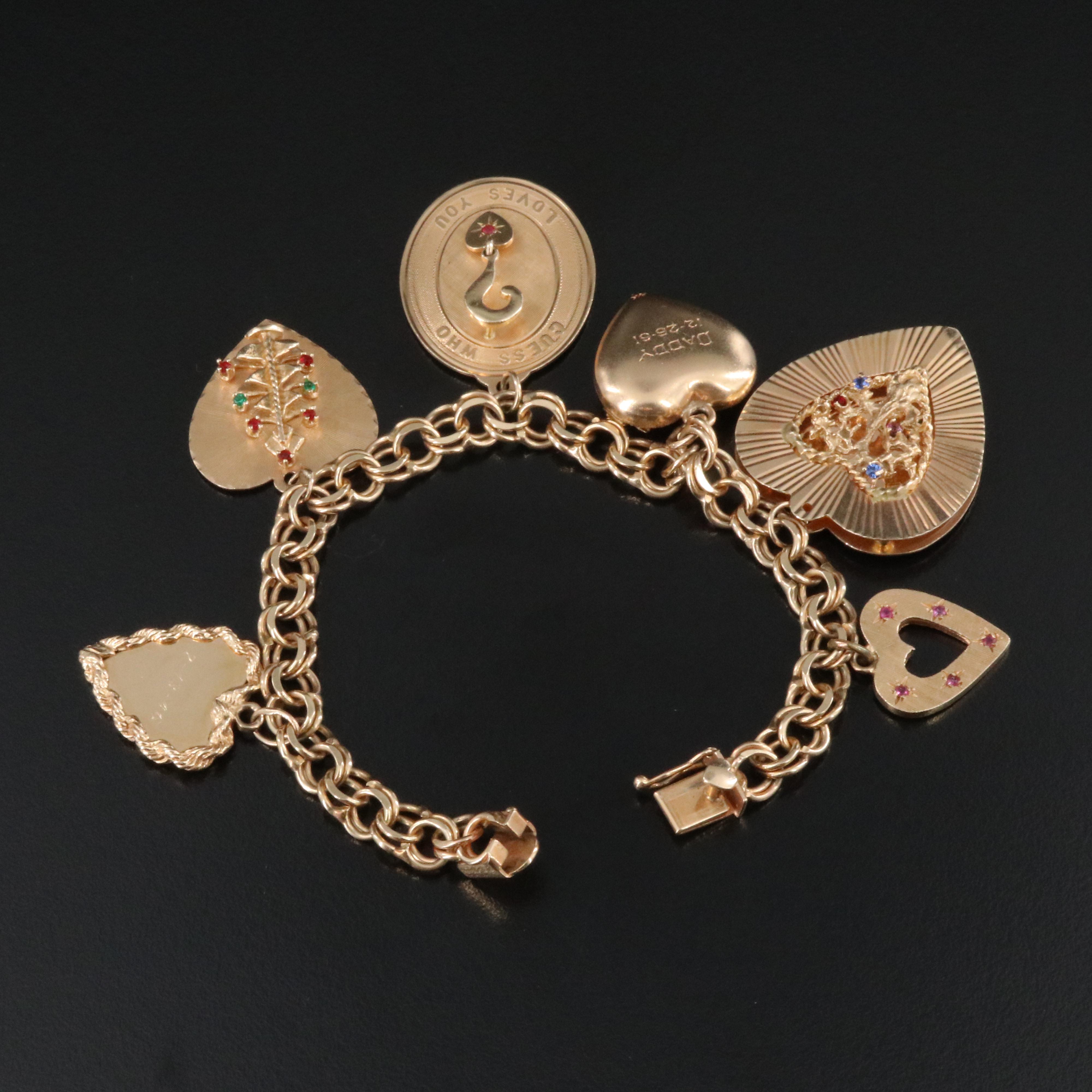 14K Vintage Heart Charm Bracelet Including Ruby