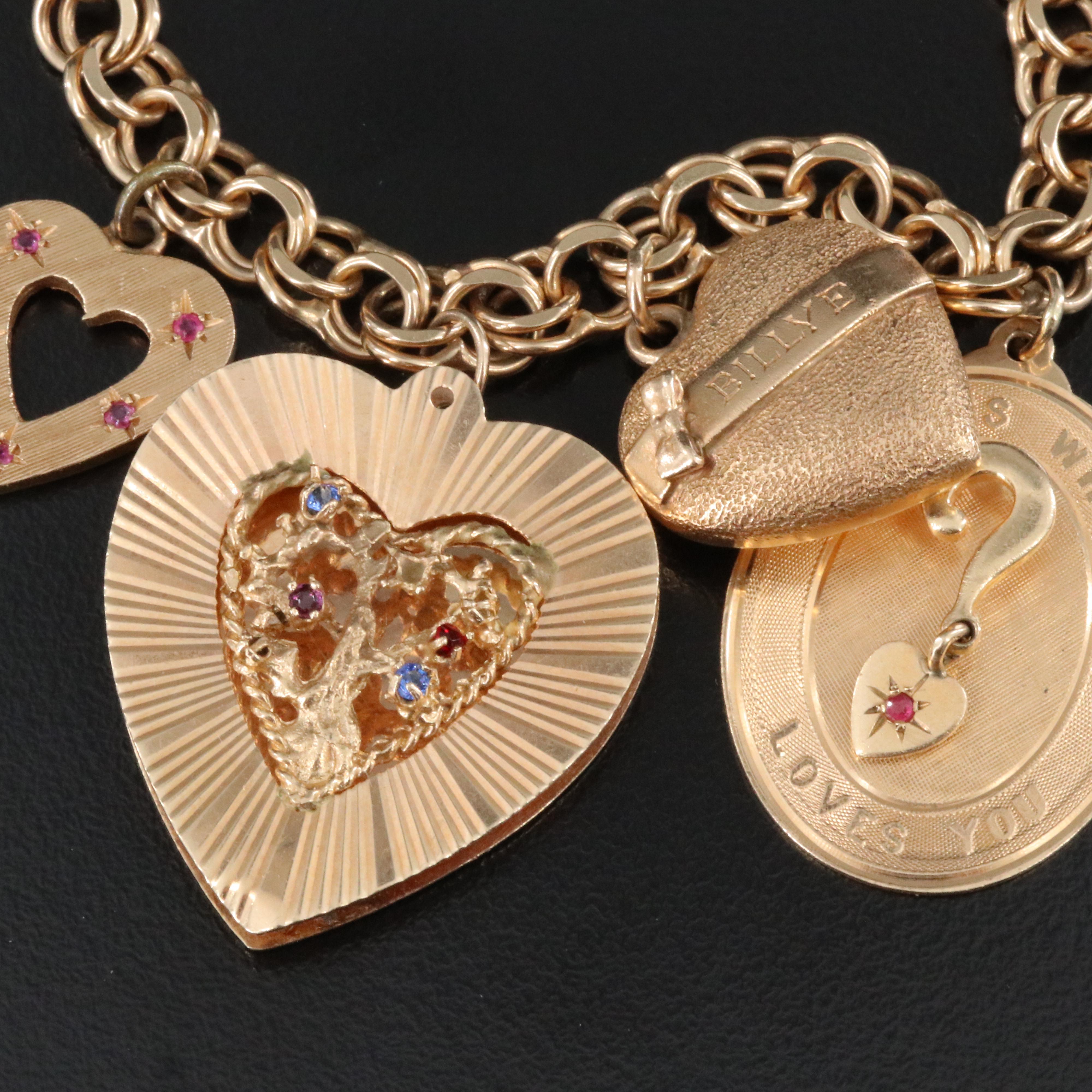 14K Vintage Heart Charm Bracelet Including Ruby