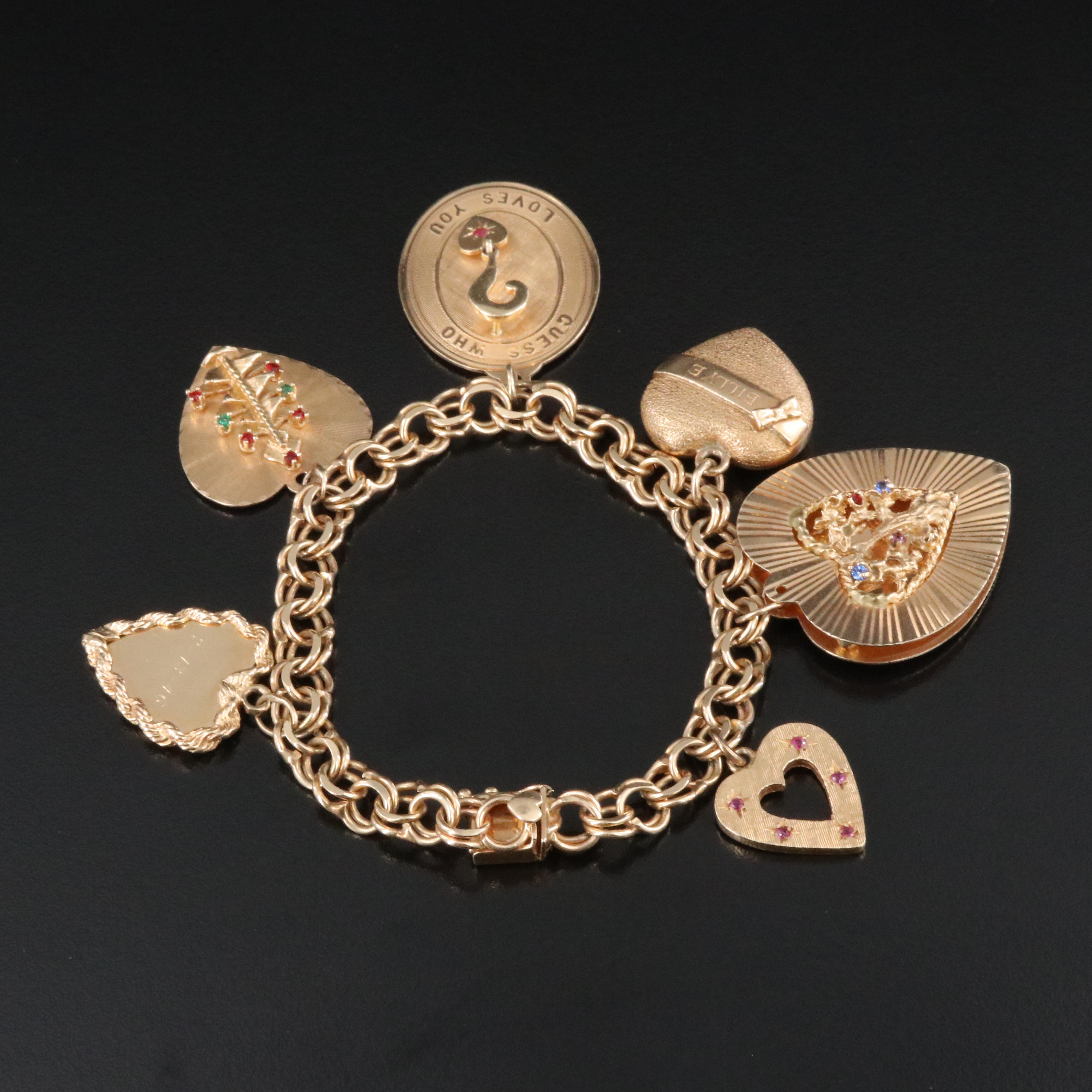 14K Vintage Heart Charm Bracelet Including Ruby