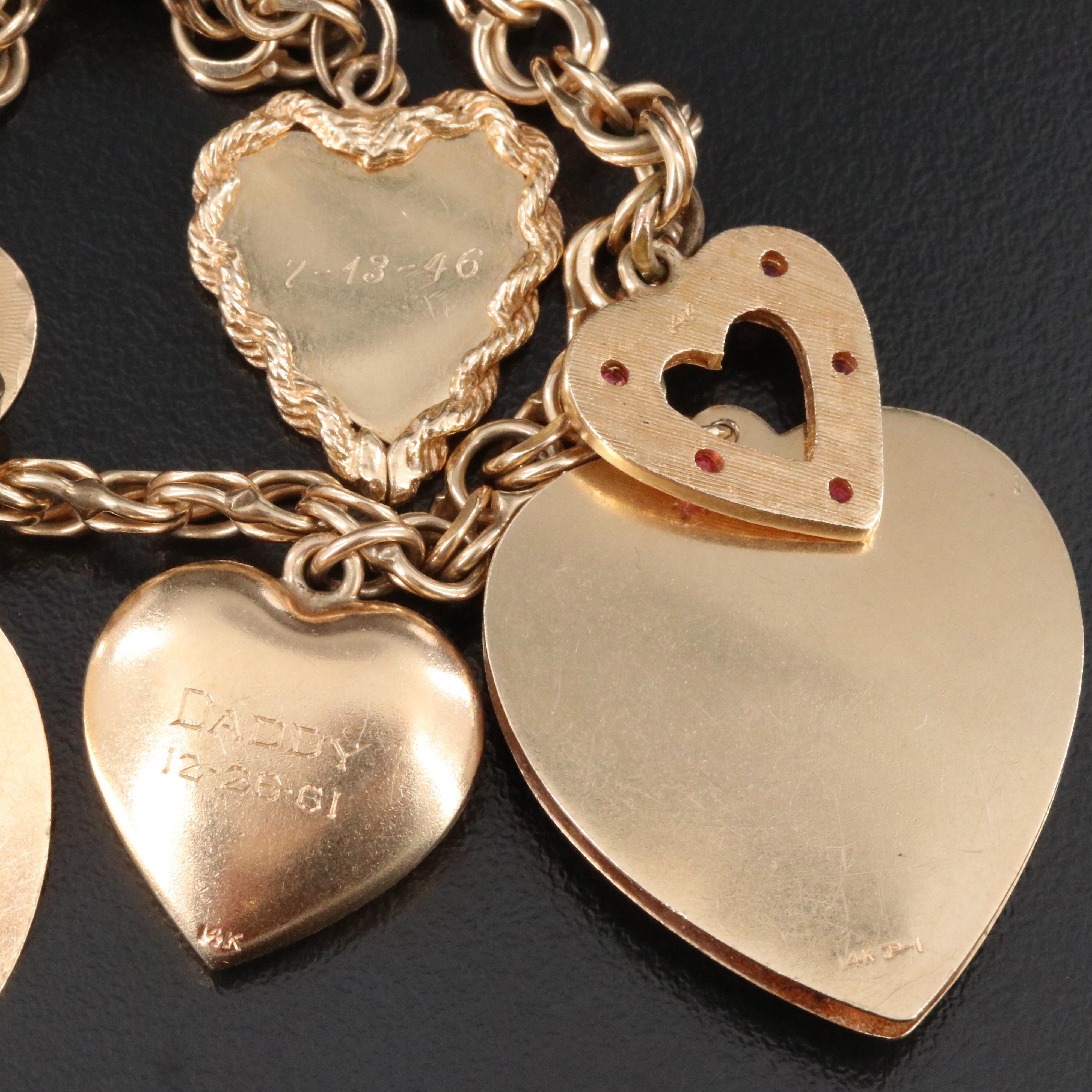 14K Vintage Heart Charm Bracelet Including Ruby