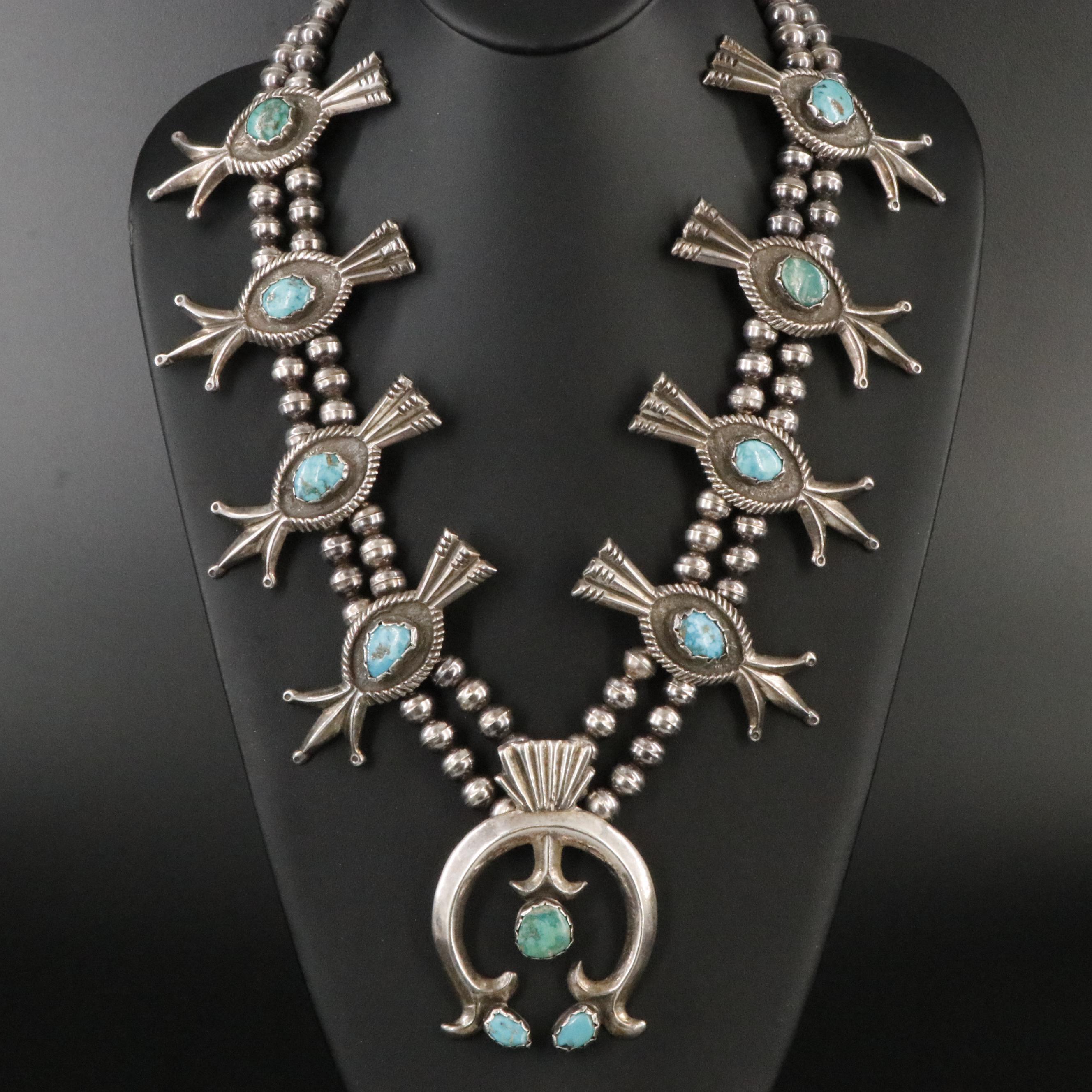 Southwestern Sterling Tufa Cast Turquoise Squash Blossom Necklace