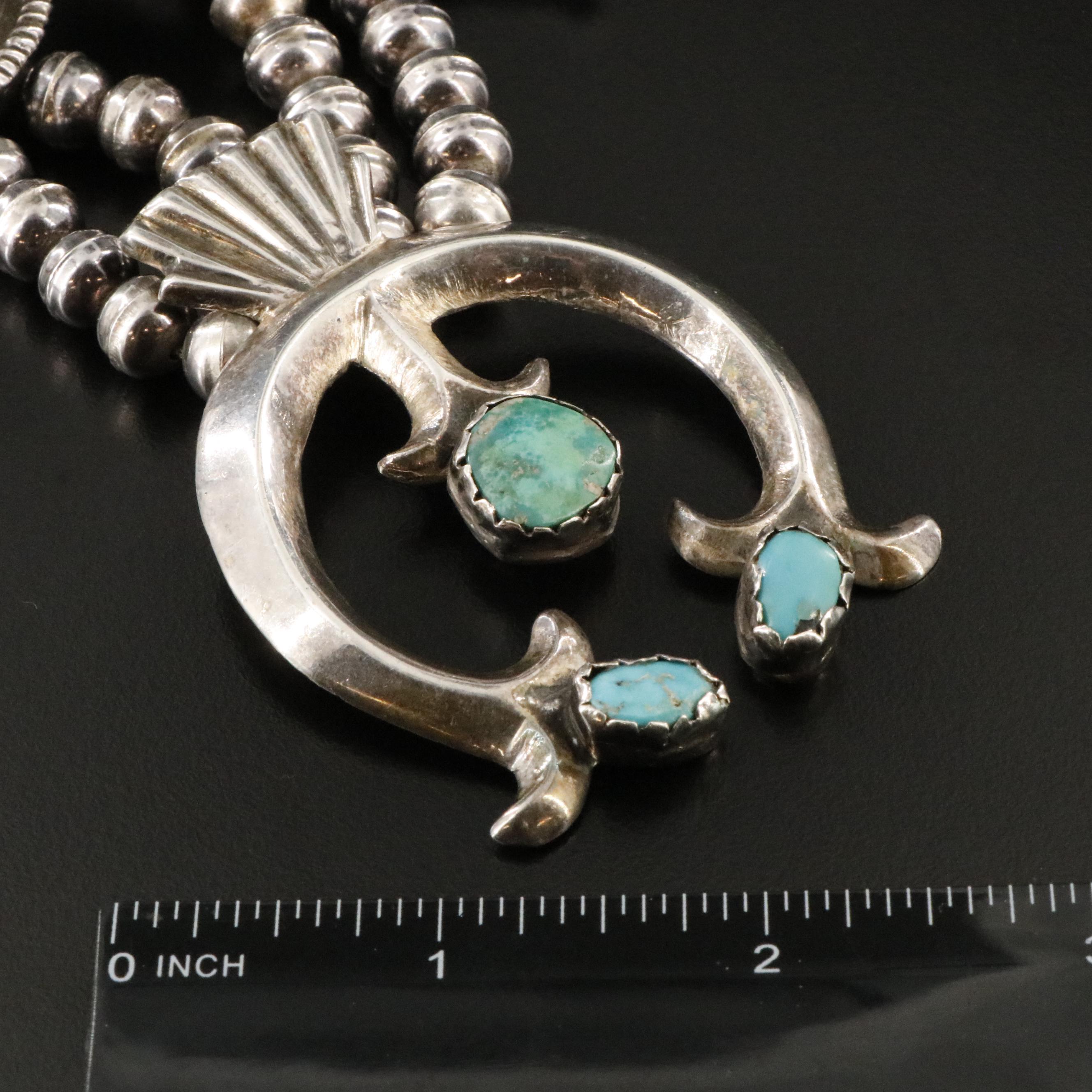 Southwestern Sterling Tufa Cast Turquoise Squash Blossom Necklace