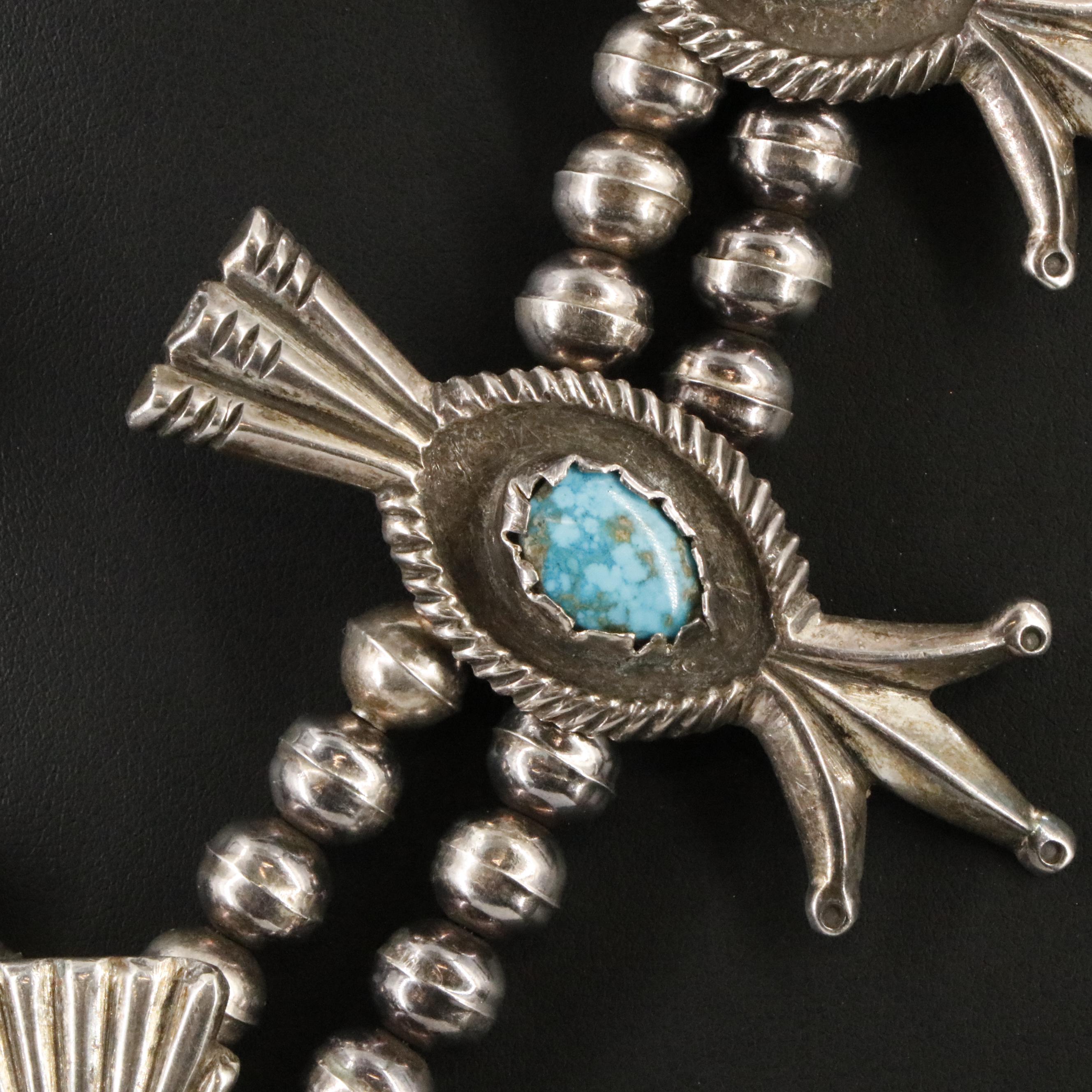 Southwestern Sterling Tufa Cast Turquoise Squash Blossom Necklace