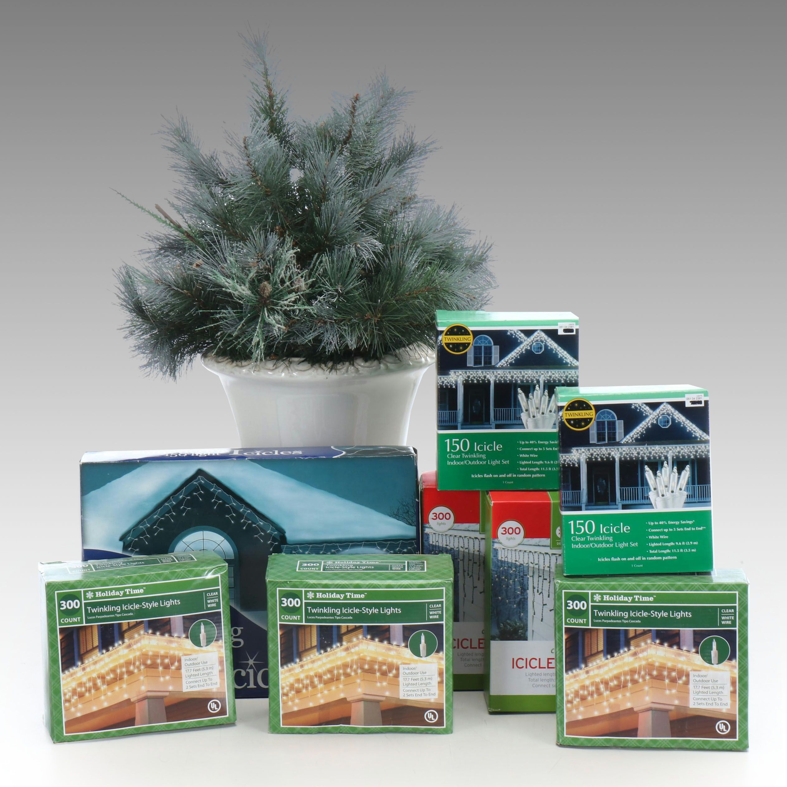 Artificial Greenery in Ceramic Urn with Outdoor Lights