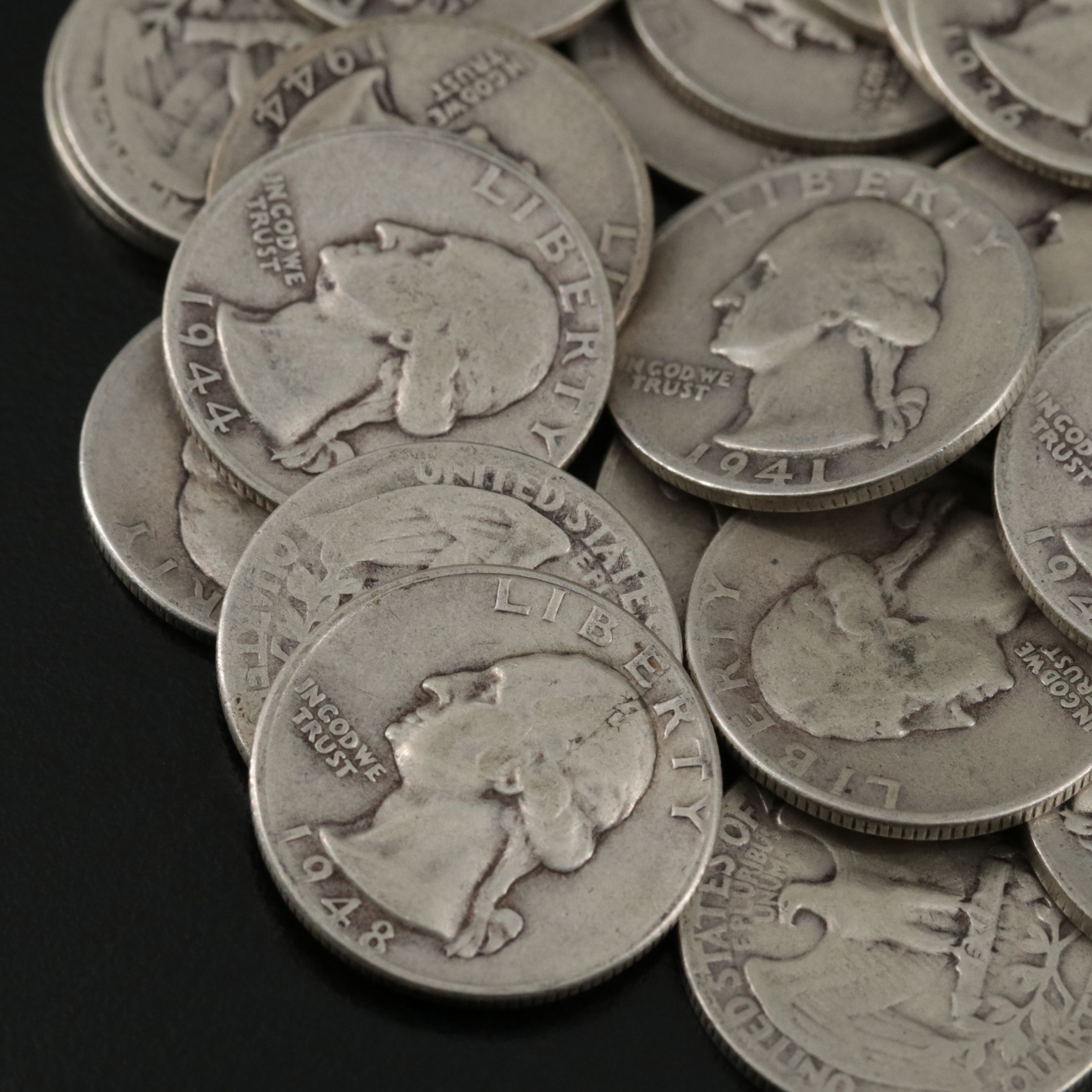 Forty-Six Washington Silver Quarters, Mainly 1940s