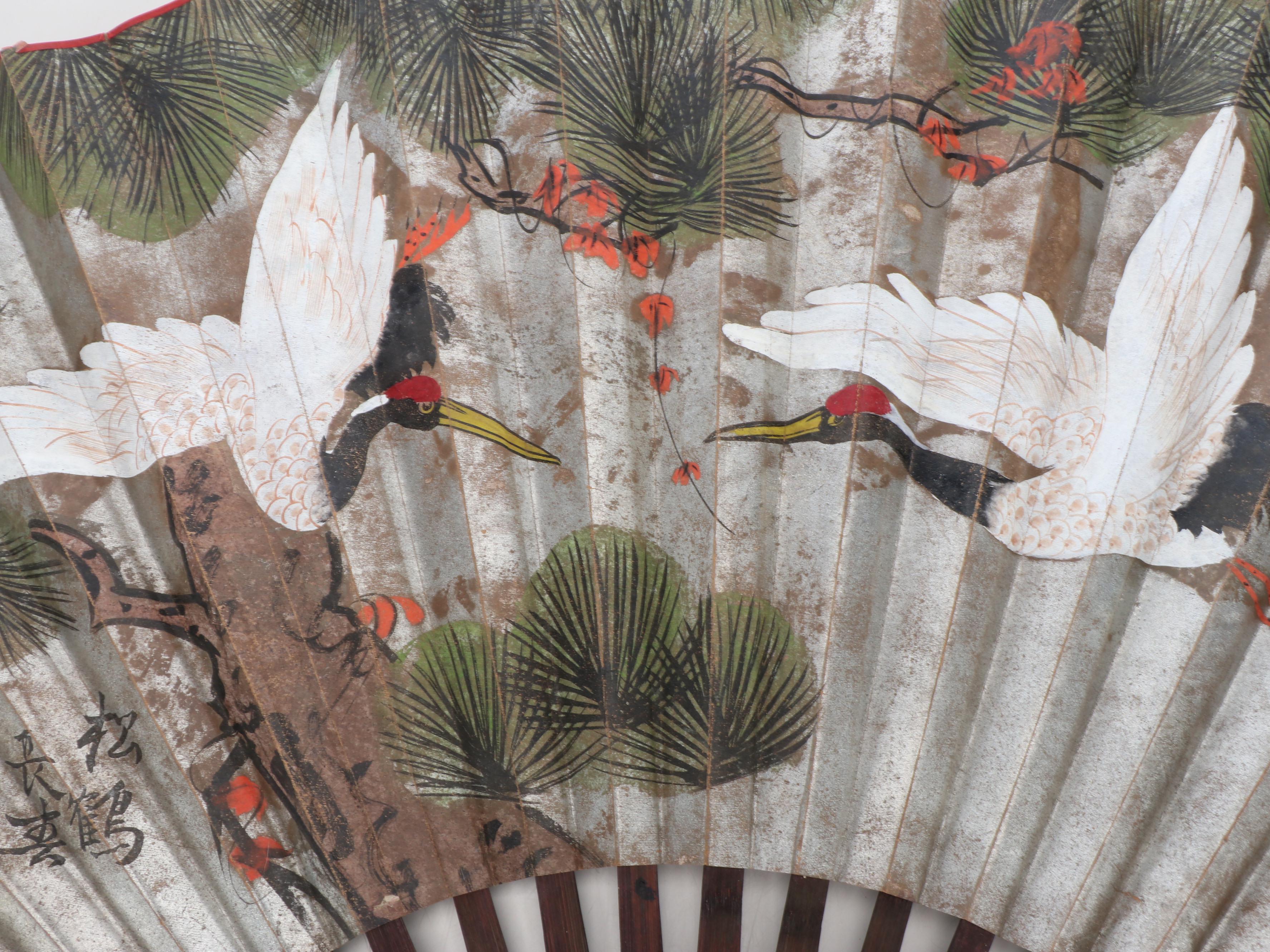 Japanese Wall Hanging Large Folding Fans with Crane and Landscape Motifs