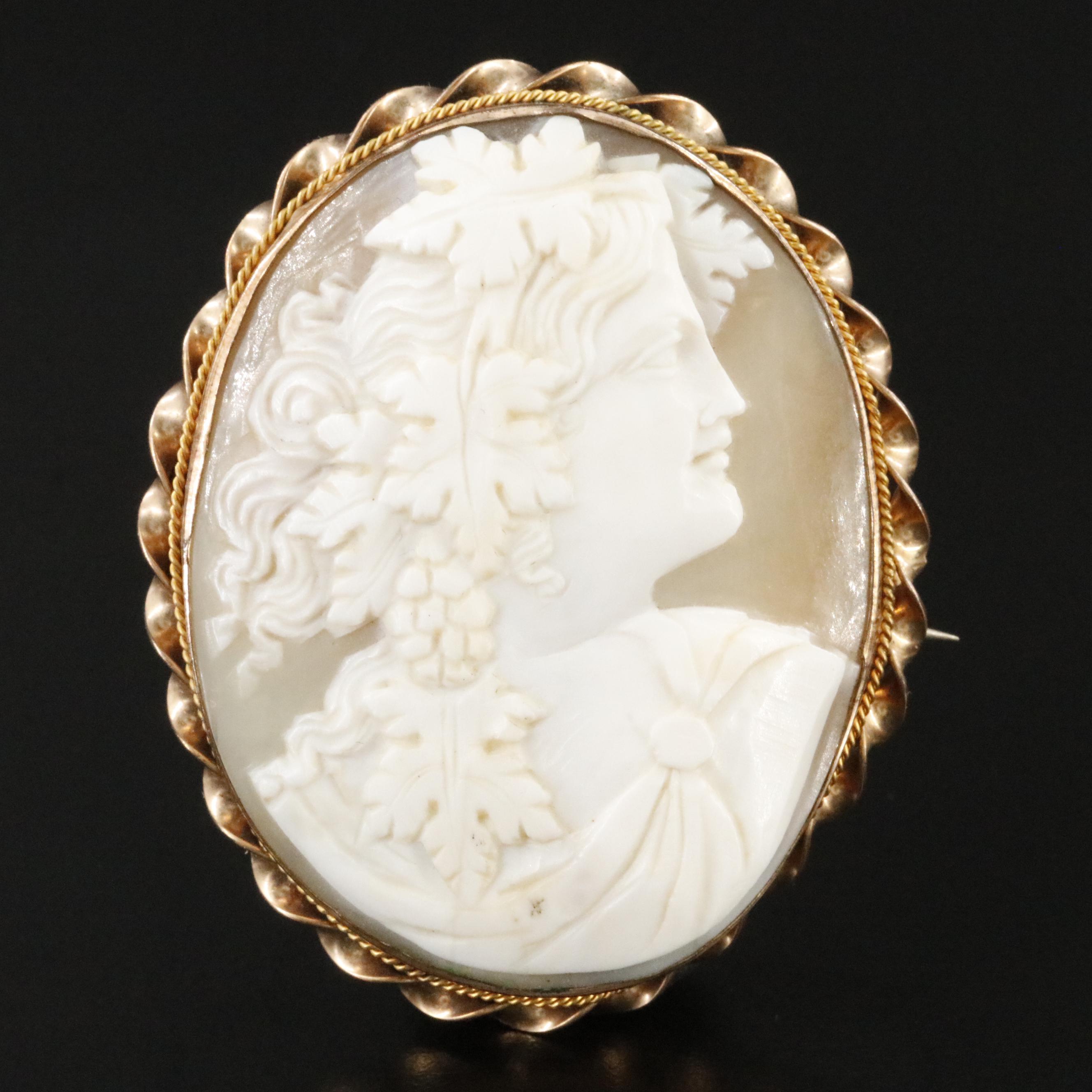 Victorian Cameo Dionysus/Bacchus Shell Brooch