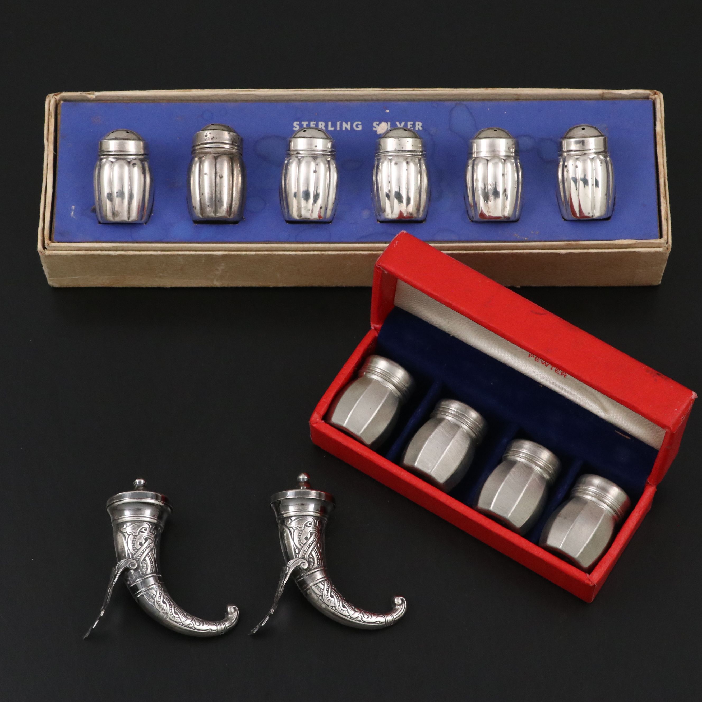 Norwegian 830 Silver Horn Shakers with Sterling and Pewter Shakers