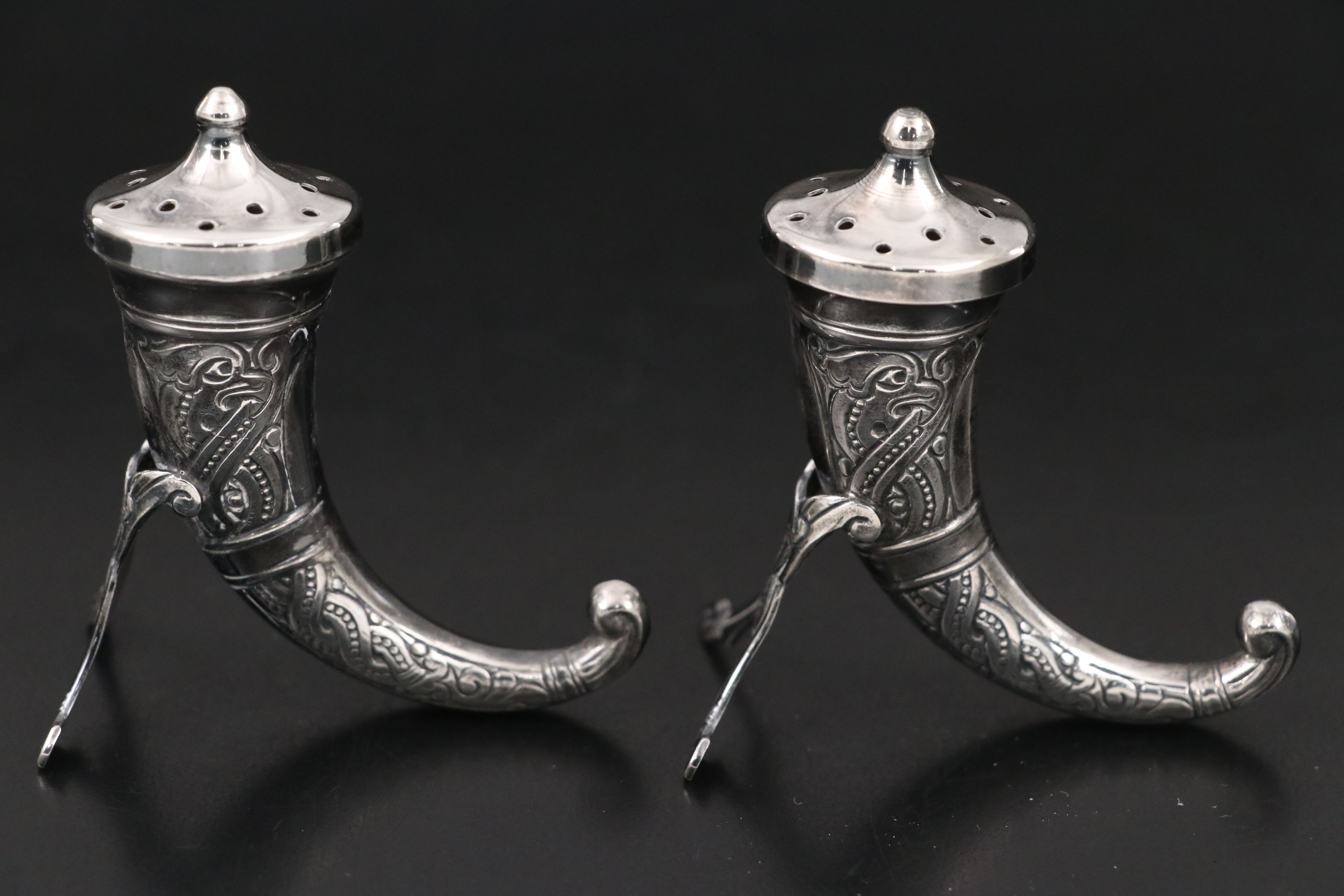 Norwegian 830 Silver Horn Shakers with Sterling and Pewter Shakers
