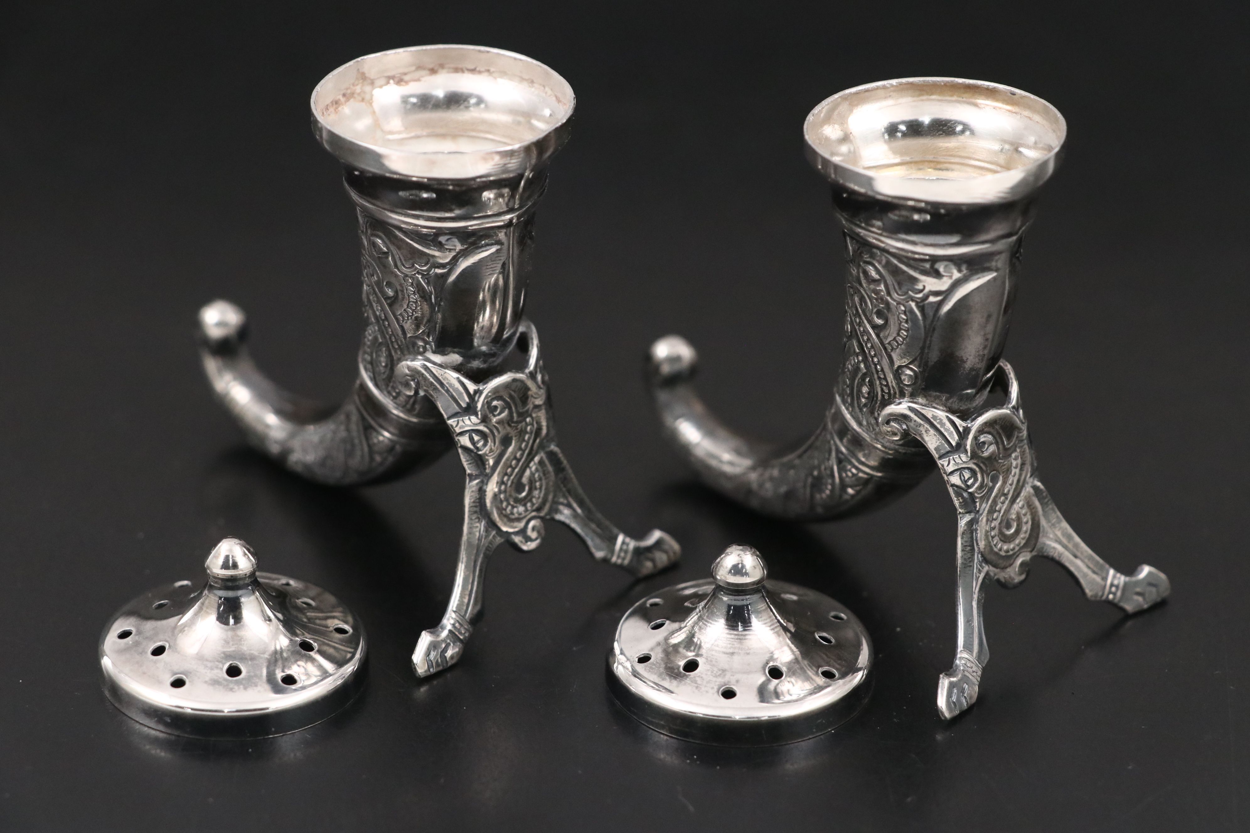 Norwegian 830 Silver Horn Shakers with Sterling and Pewter Shakers